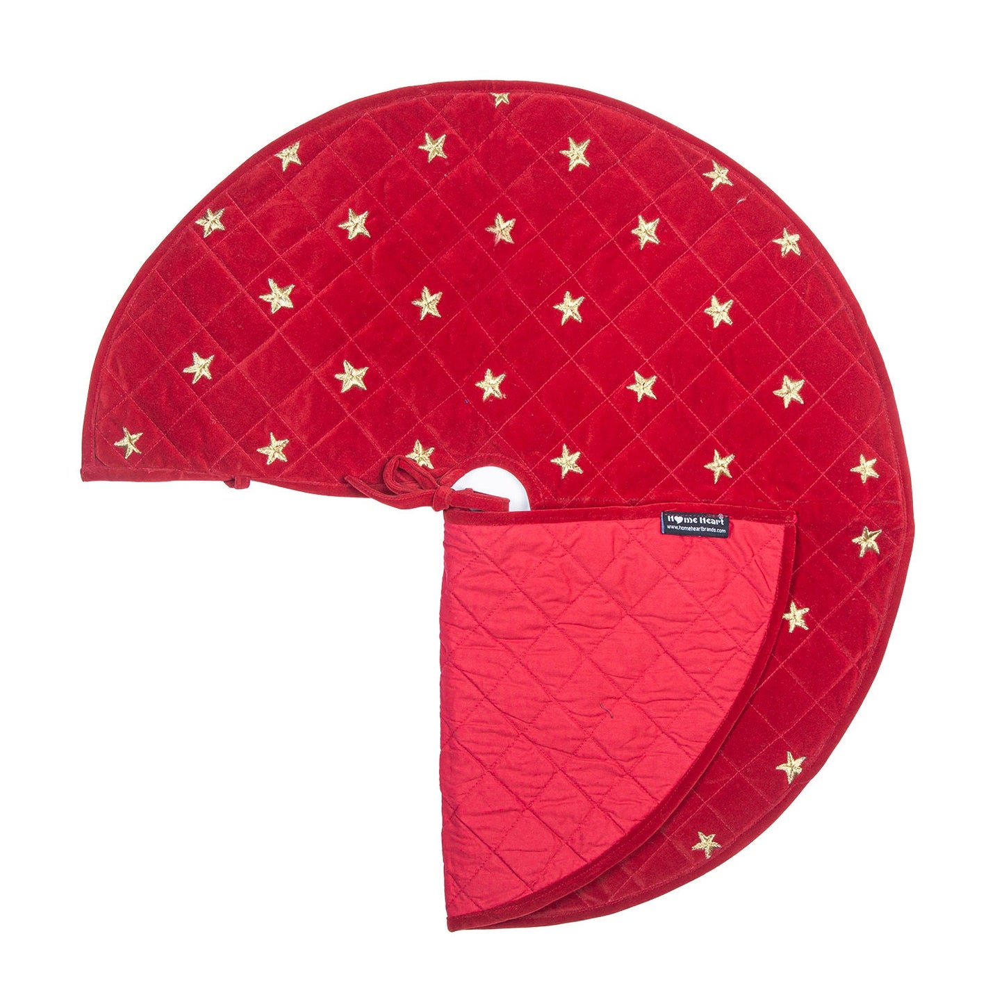 Christmas tree skirt micro red Velvet Quilted fabric and gold star embroidered on it. Thick Double Layer quilted by HOME HEART Brands