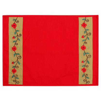 Placemat & Toppers Premium tapestry red duck cotton fabric floral embroidered on beige applique border by Home Heart Brands(Made in India)