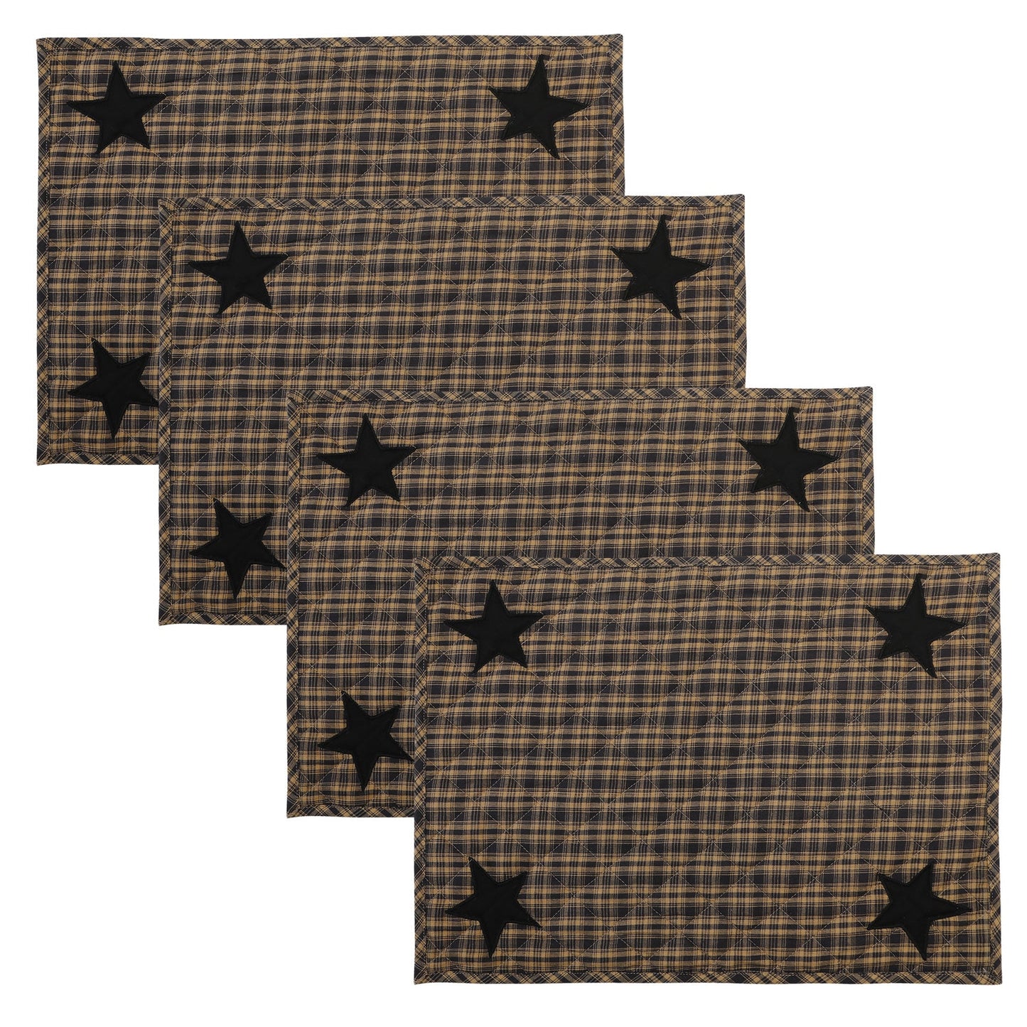 Quilted PLACEMAT & Table toppers Table mat black star embroidered Black/Beige Country Plaid 14"X19" by HOME HEART Brands(Made in India)