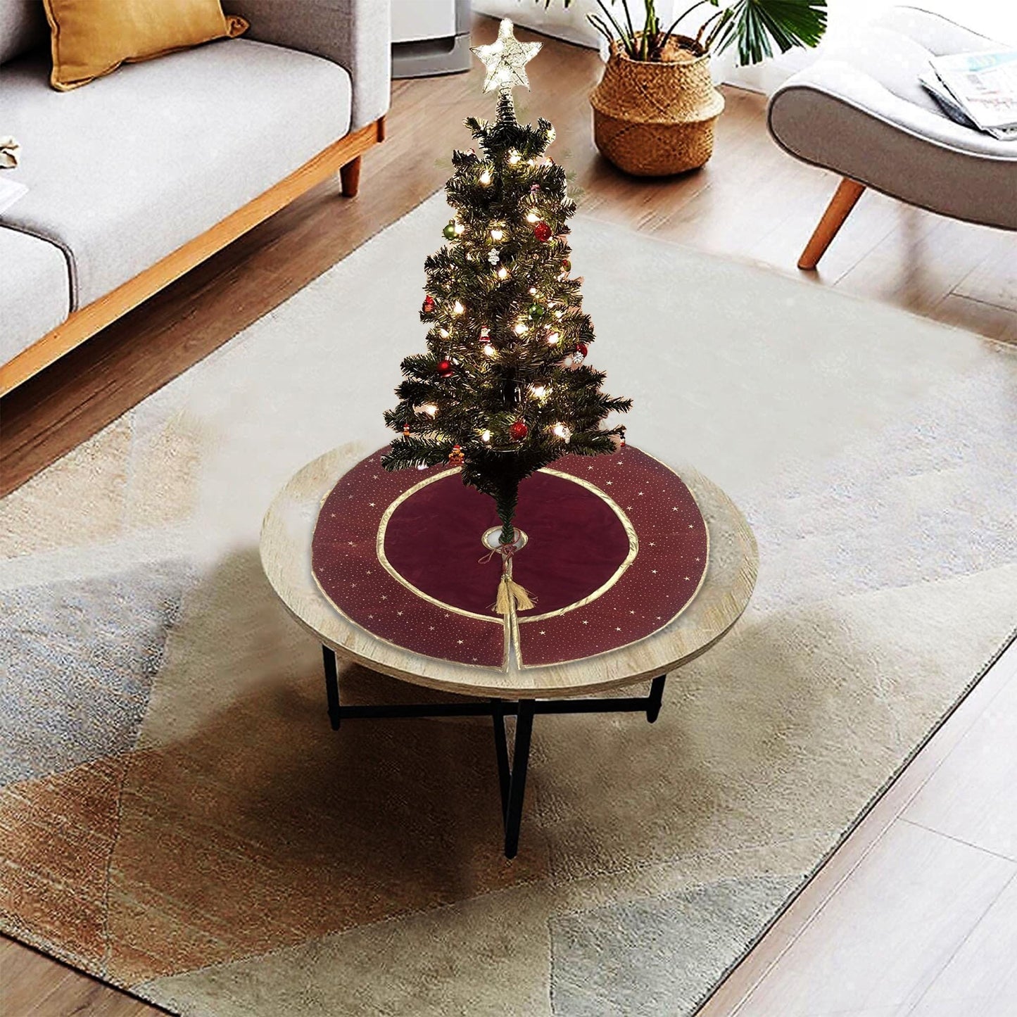 Christmas tree skirt classic micro maroon red Velvet fabric with gold bonded star fabric border Thick Double Layer by HOME HEART Brands