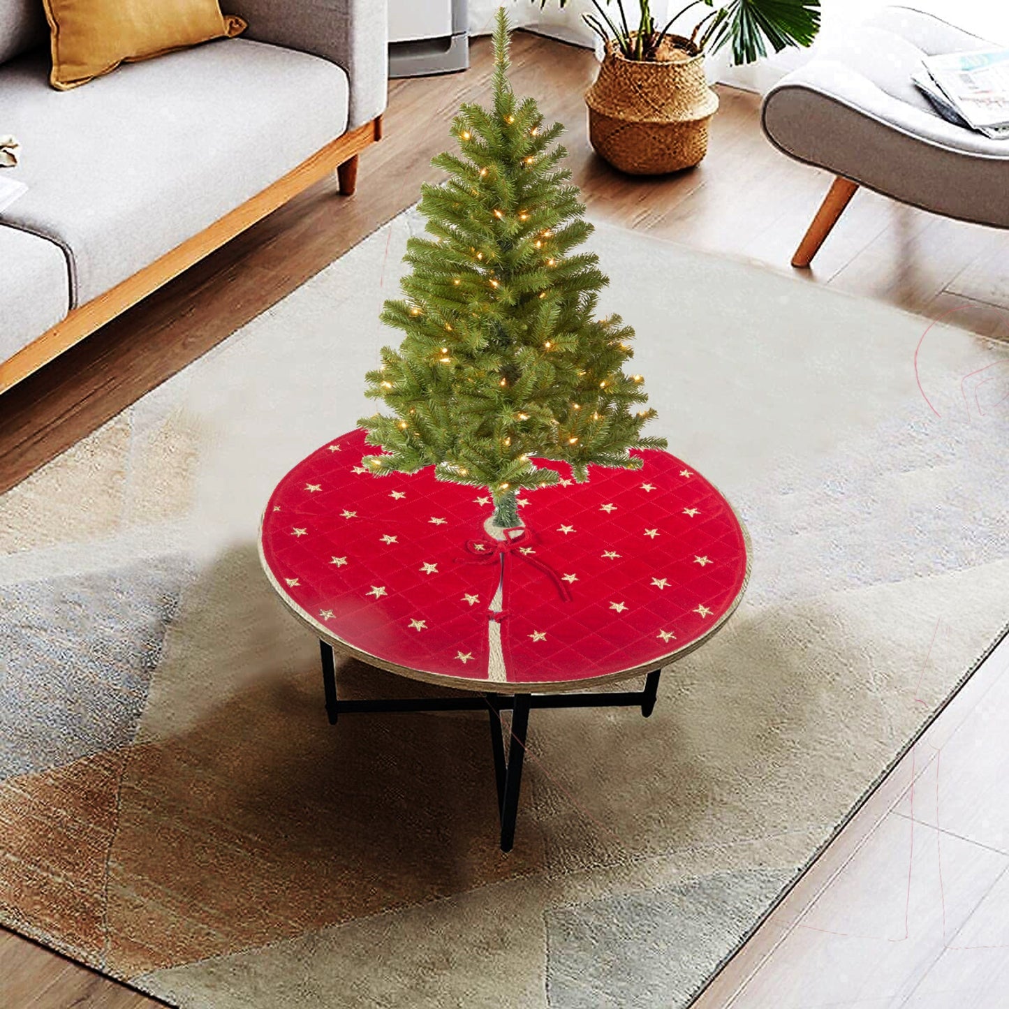 Christmas tree skirt micro red Velvet Quilted fabric and gold star embroidered on it. Thick Double Layer quilted by HOME HEART Brands