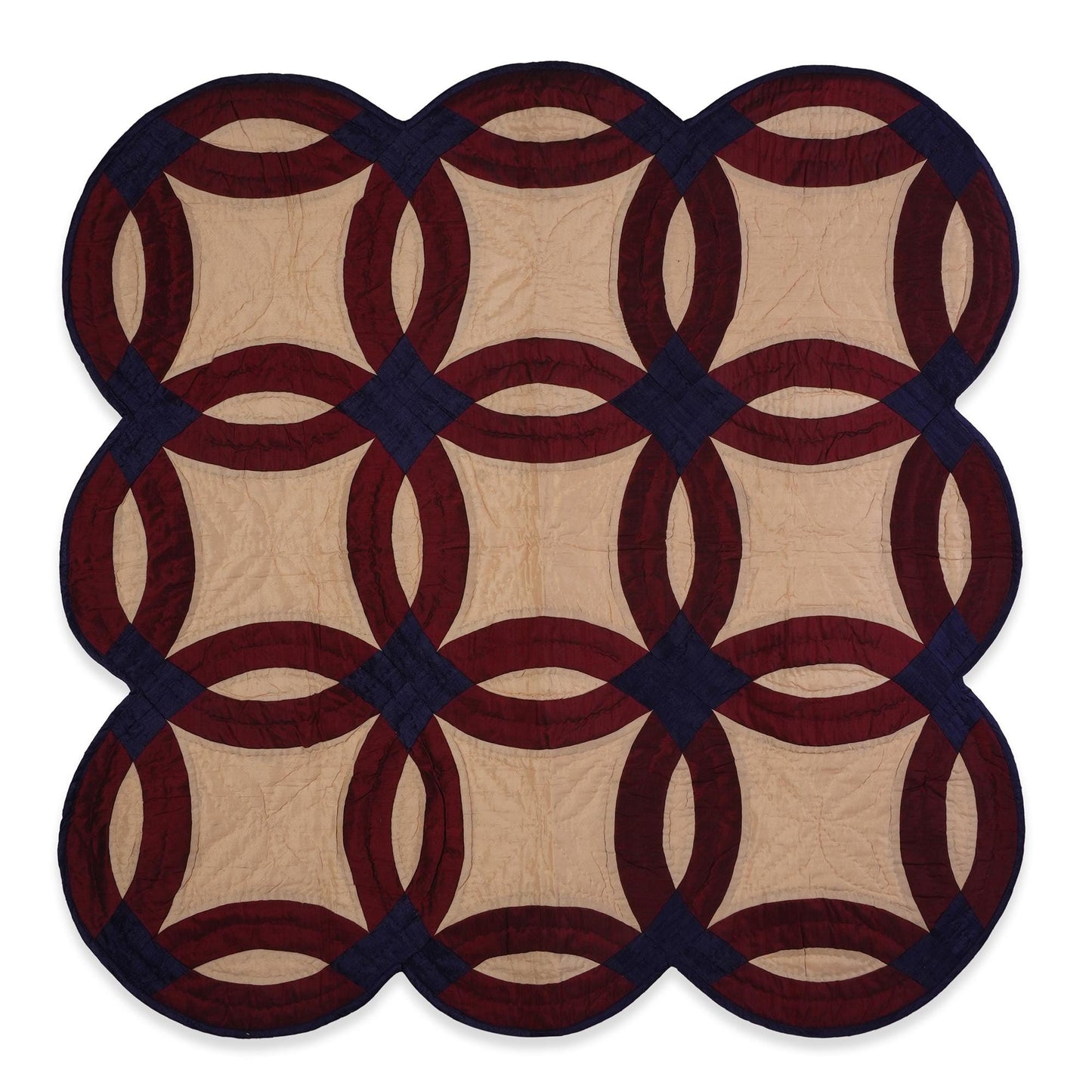 Hand made hand quilted unique Bangalore silk Double wedding ring 44"x44" patchwork Wall hanging & Toppers, baby quilt by HOME HEART Brands