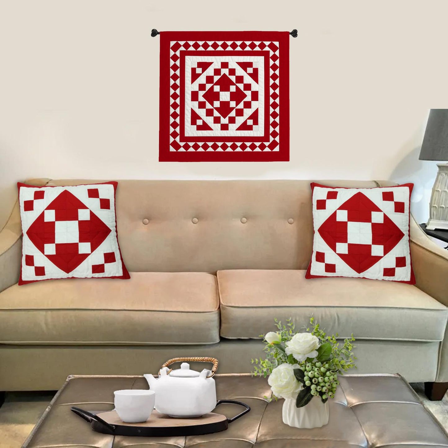 Hand made hand Quilted patchwork pillow cover, cushion cover, throw pillow cover Calico red off-white by HOME HEART Brands(made in India)