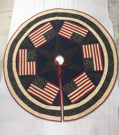 Christmas tree skirt table top 24" round hand made quilted rice stitch star patchwork Old glory flag Thick Double Layer by HOME HEART Brands