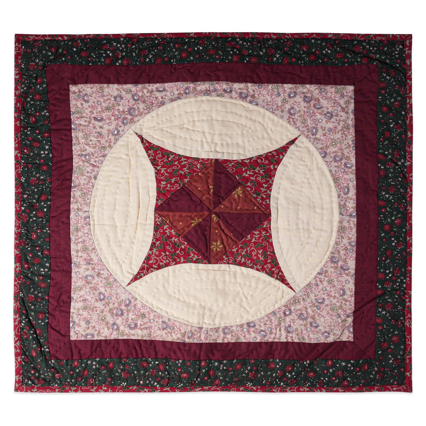 Hand made Hand quilted Throw Quilt, Table Topper 20"x20" Pinwheel red green calico quilt by Home Heart brands (Made in India)