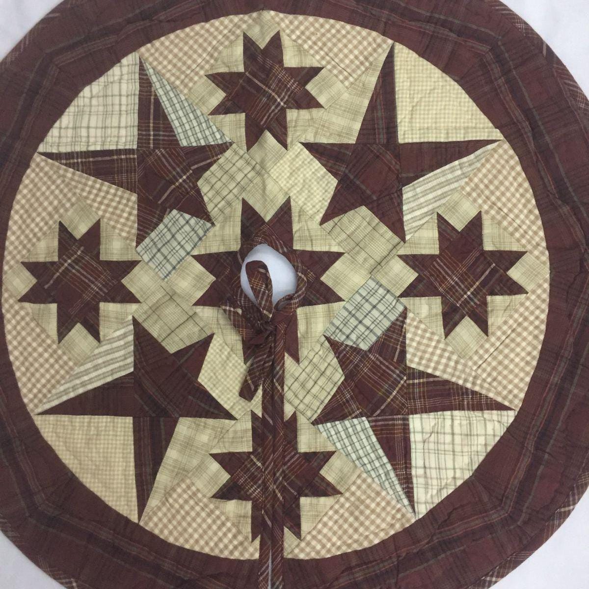 Christmas tree skirt hand made hand quilted patchwork colonial burgundy star Tree skirt with tie Thick Double Layer by HOME HEART Brands