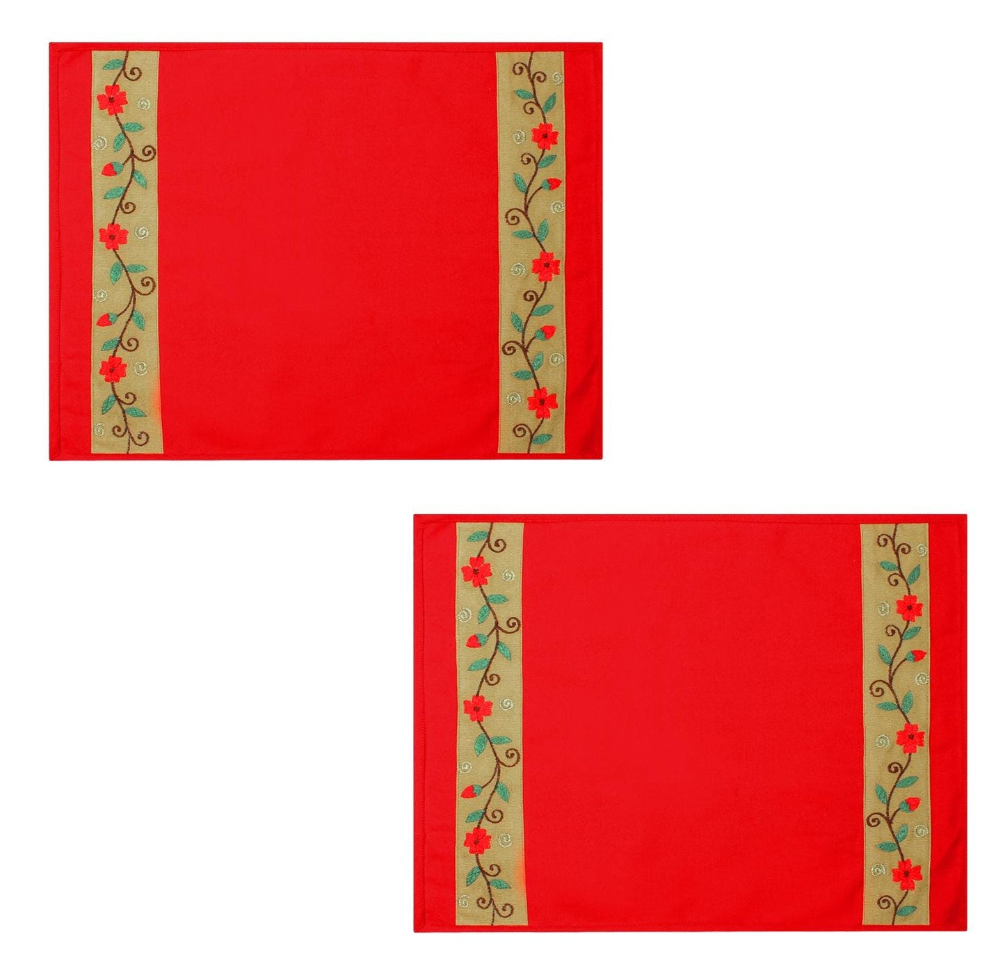 Placemat & Toppers Premium tapestry red duck cotton fabric floral embroidered on beige applique border by Home Heart Brands(Made in India)