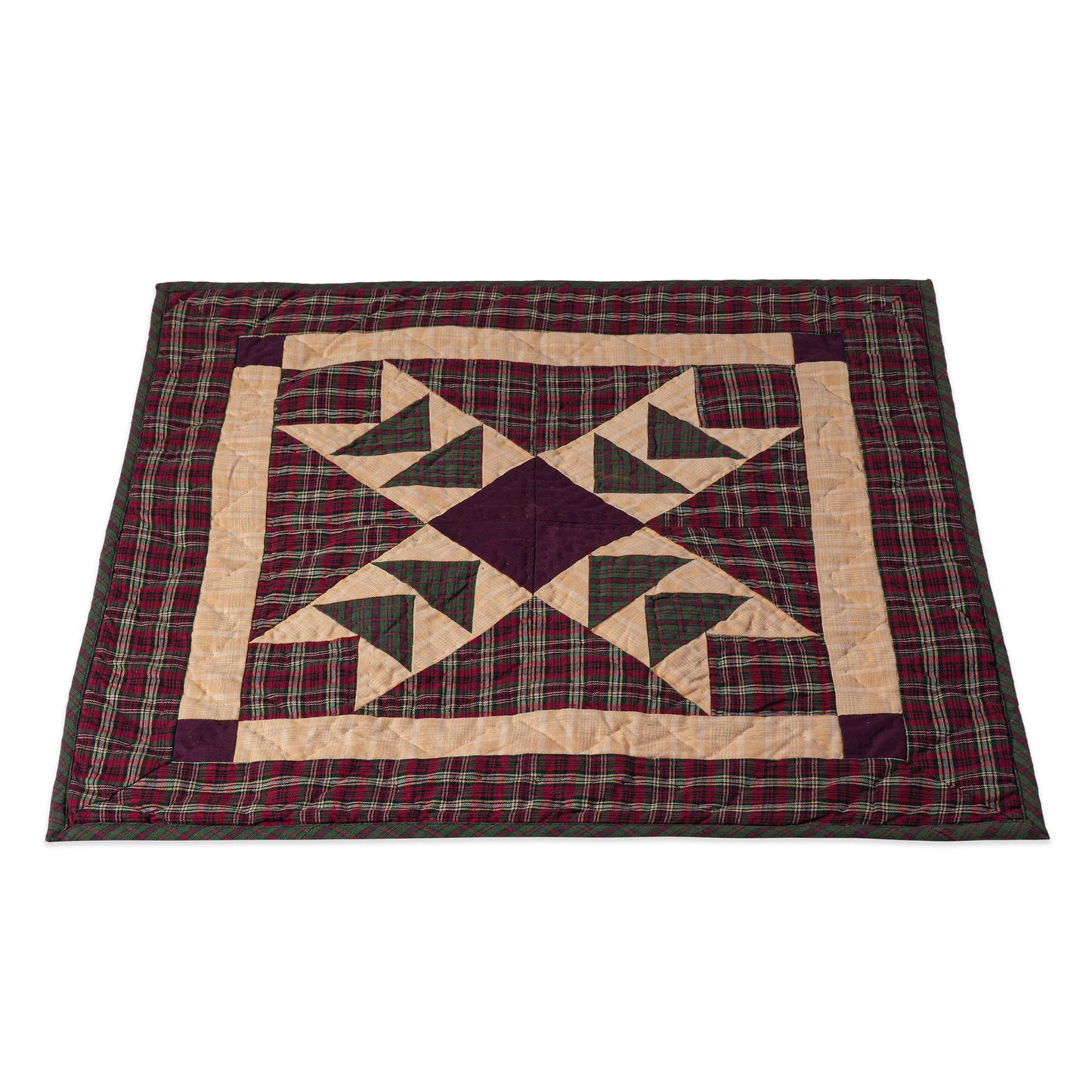 Hand made Hand quilted Wall hanging Quilt, Table Topper 19"x19" Primitive flying geese red green plaid by Home Heart brands (Made in India)