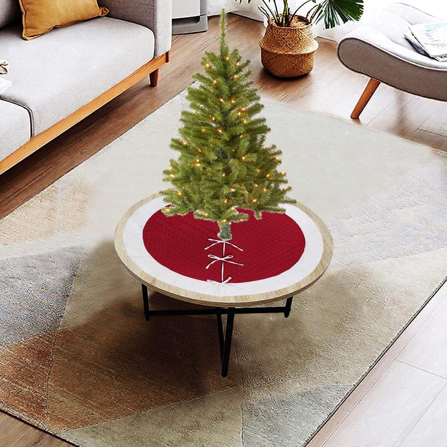 Christmas tree skirt red faux silk plush white border quilted Thick Double Layer tree skirt by HOME HEART Brands