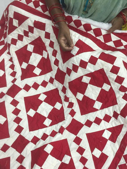 Hand crafted quilt Hand Quilted bedspread heirloom red diamond square calico cotton fabric patchwork Design by HOME HEART Brands