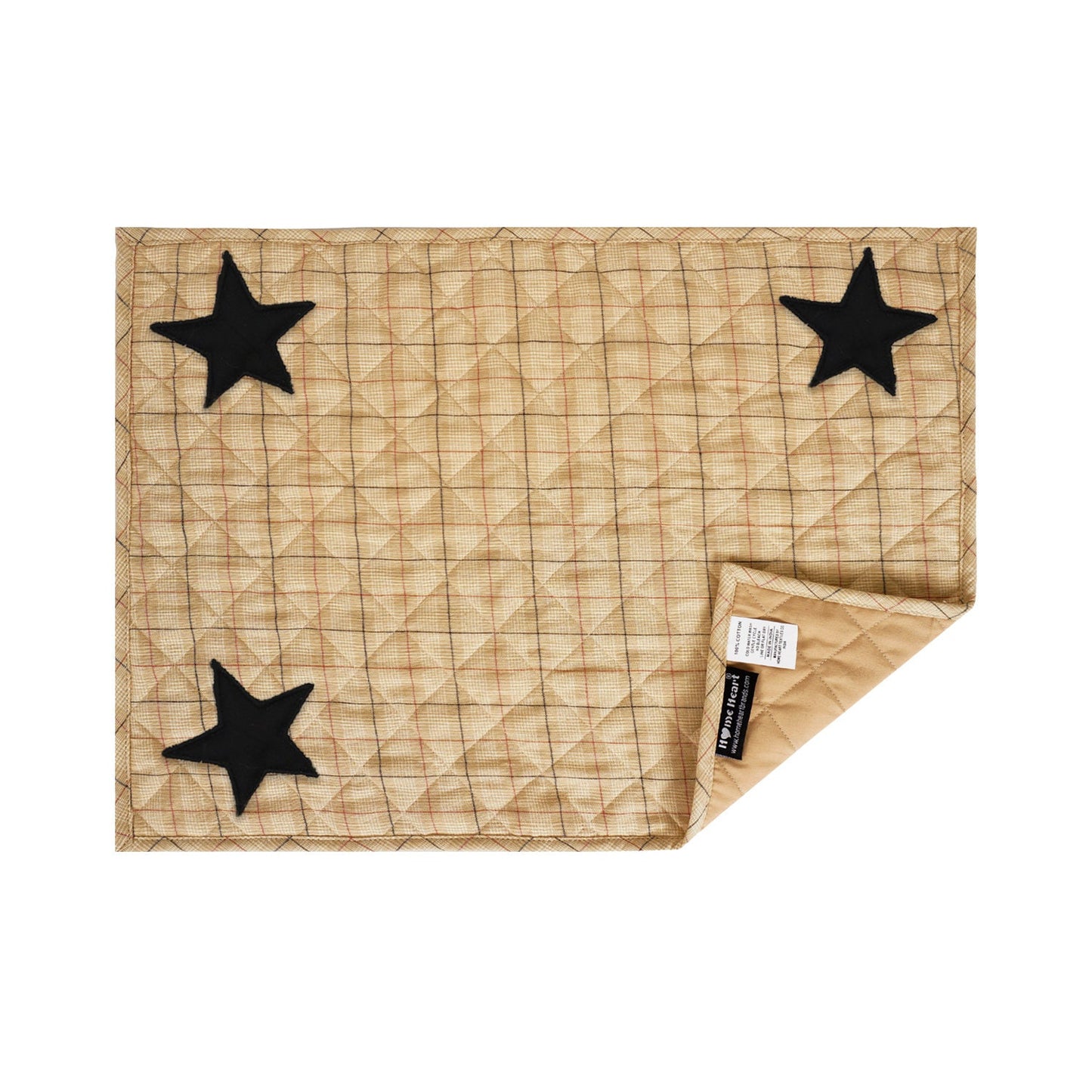 Quilted PLACEMAT & Table toppers Table mat black star embroidered beige Country Plaid 14"X19" by HOME HEART Brands(Made in India)
