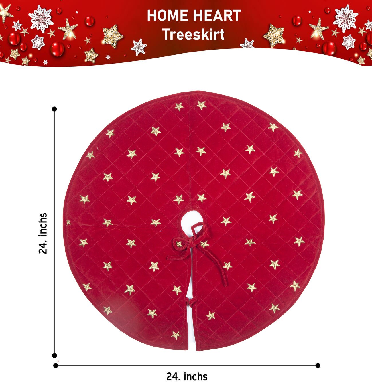 Christmas tree skirt micro red Velvet Quilted fabric and gold star embroidered on it. Thick Double Layer quilted by HOME HEART Brands