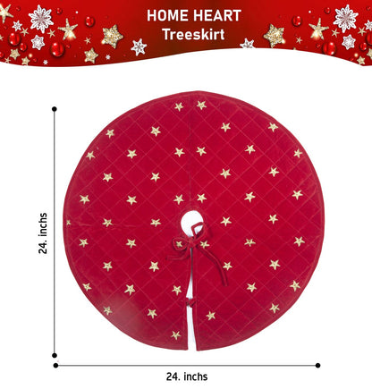 Christmas tree skirt micro red Velvet Quilted fabric and gold star embroidered on it. Thick Double Layer quilted by HOME HEART Brands