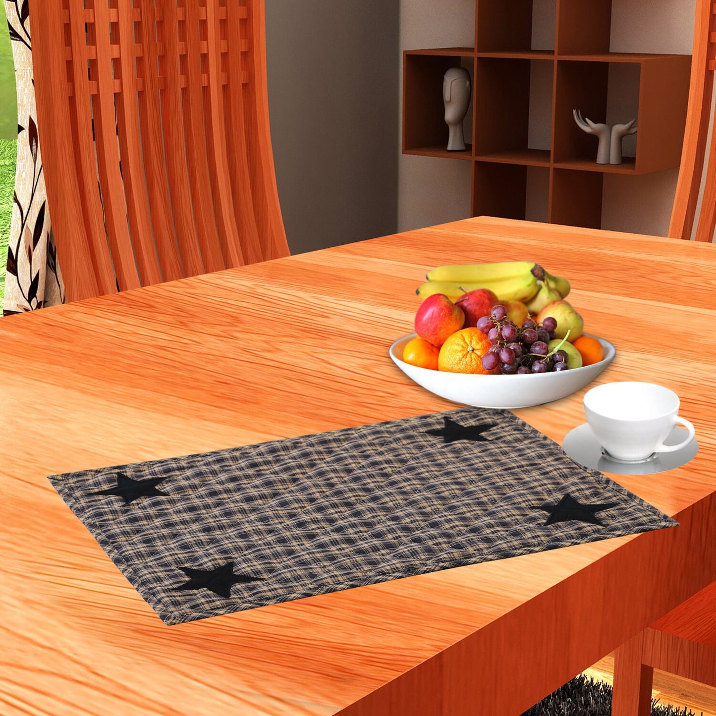Quilted PLACEMAT & Table toppers Table mat black star embroidered Black/Beige Country Plaid 14"X19" by HOME HEART Brands(Made in India)
