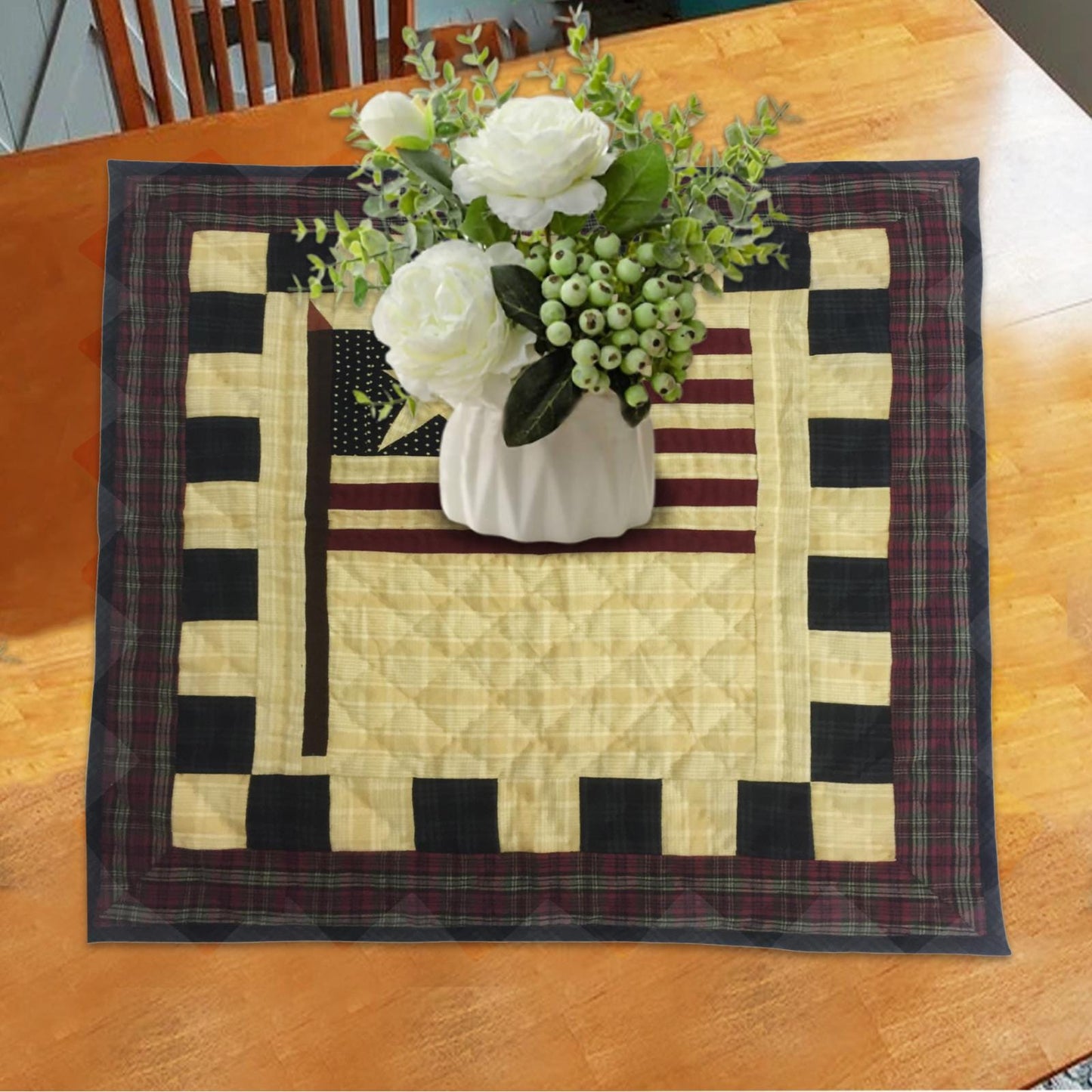 Old glory flag hand quilted crafted 19"X19" block square quilt, small quilt, Table Topper calico fabric by Home Heart brands (Made in India)