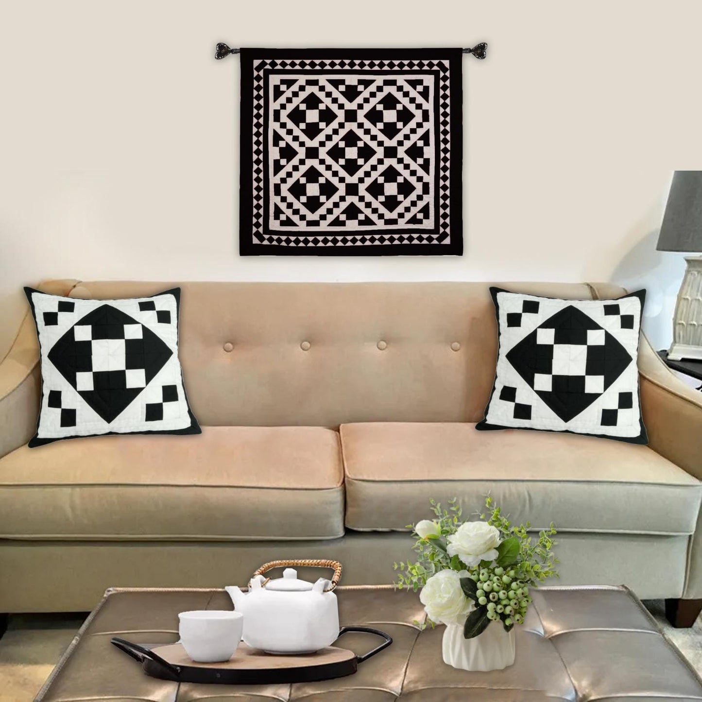 Hand made Quilted patchwork pillow cover, cushion cover, throw pillow cover Calico black diamond quilt by HOME HEART Brands(made in India)