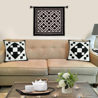 Hand made Quilted patchwork pillow cover, cushion cover, throw pillow cover Calico black diamond quilt by HOME HEART Brands(made in India)