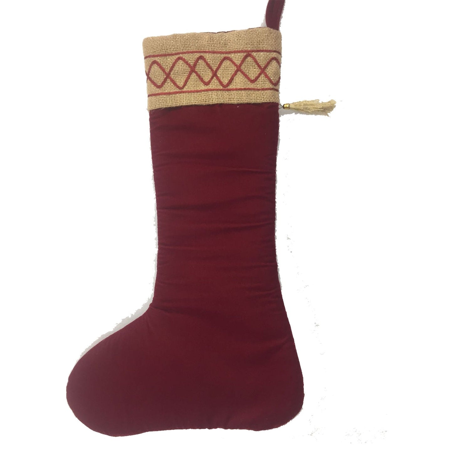 Christmas stocking red velvet & brown lurex jute Christmas decorations Handmade heirloom  by HOME HEART Brands(Made in India)