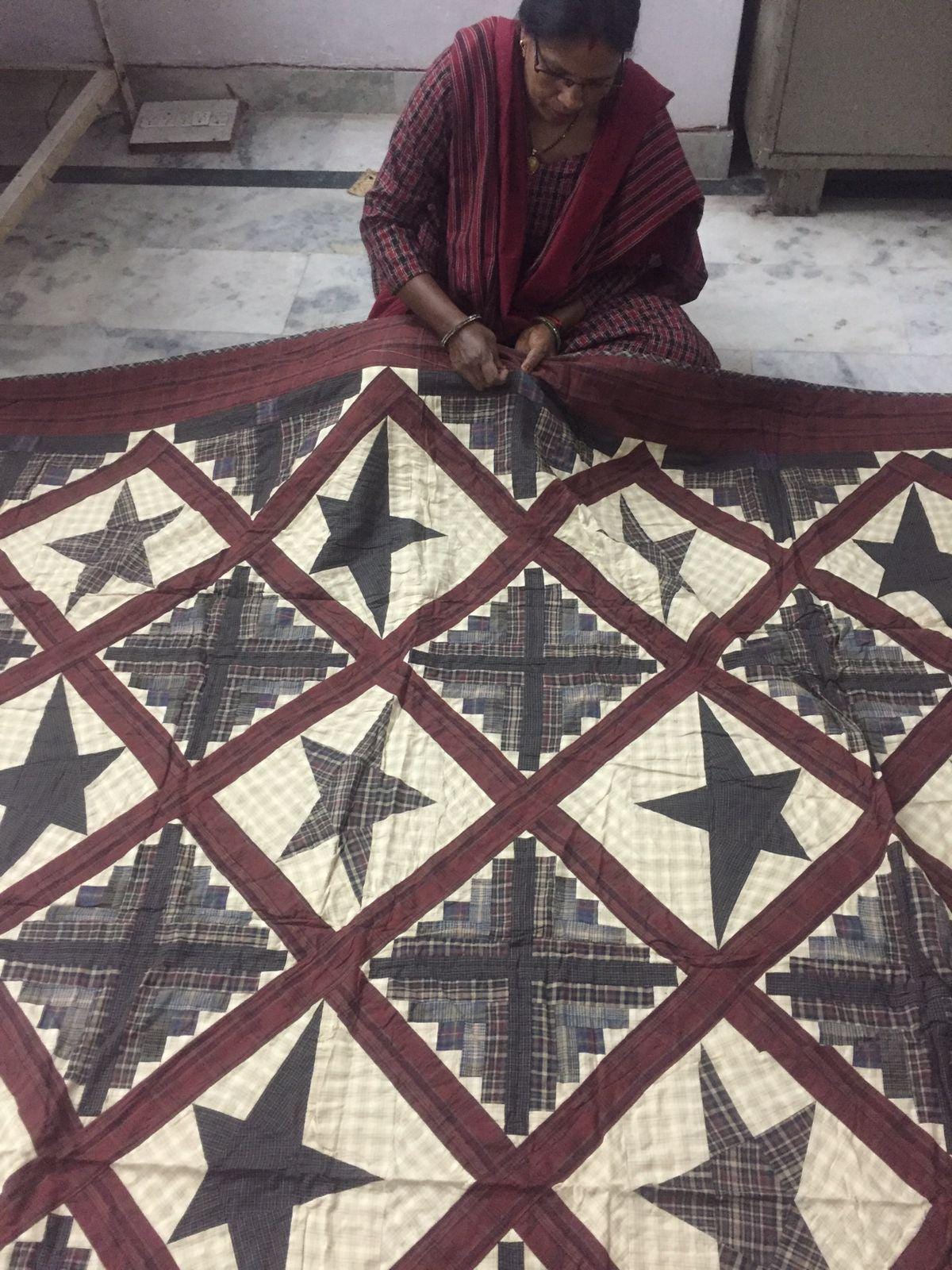 Hand made quilt Hand Quilted bedspread quilt large king 110"x110" cabin star country primitive plaid patchwork quilt by HOME HEART Brands