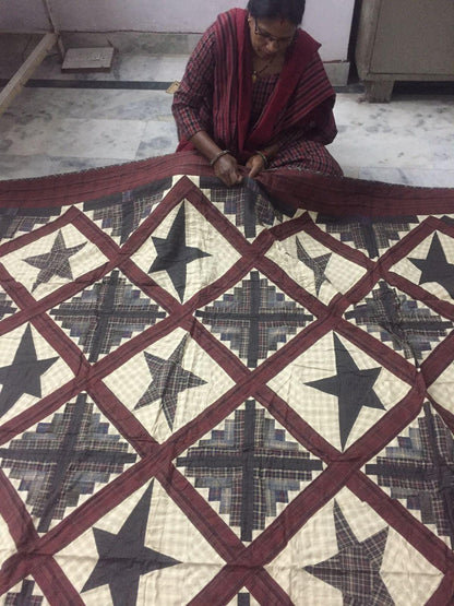 Hand made quilt Hand Quilted bedspread quilt large king 110"x110" cabin star country primitive plaid patchwork quilt by HOME HEART Brands