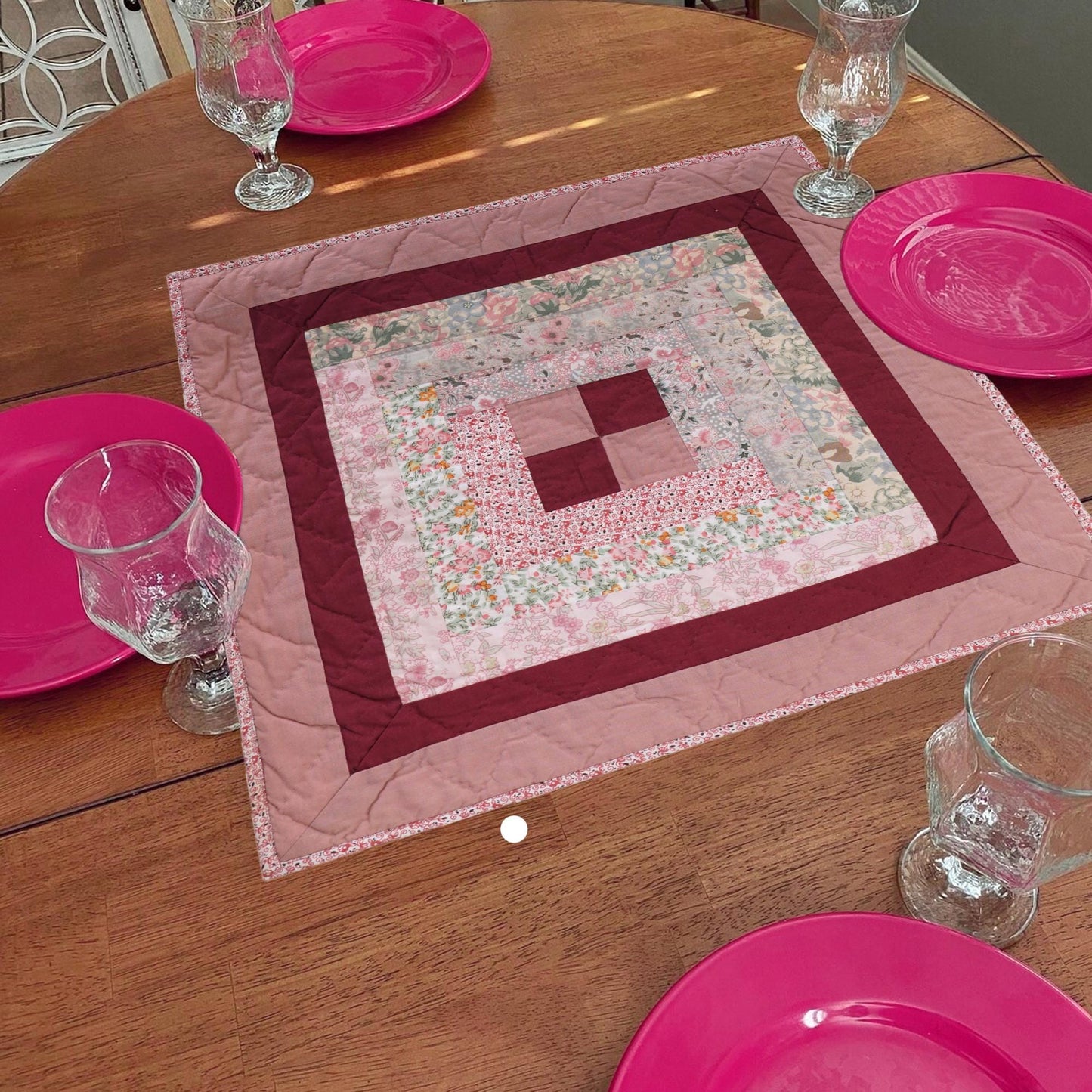 Hand Quilted small quilt 20"x20" table topper,square block, patchwork Mauve floral Log Cabin rod pocket by HOME HEART Brands(Made in India)