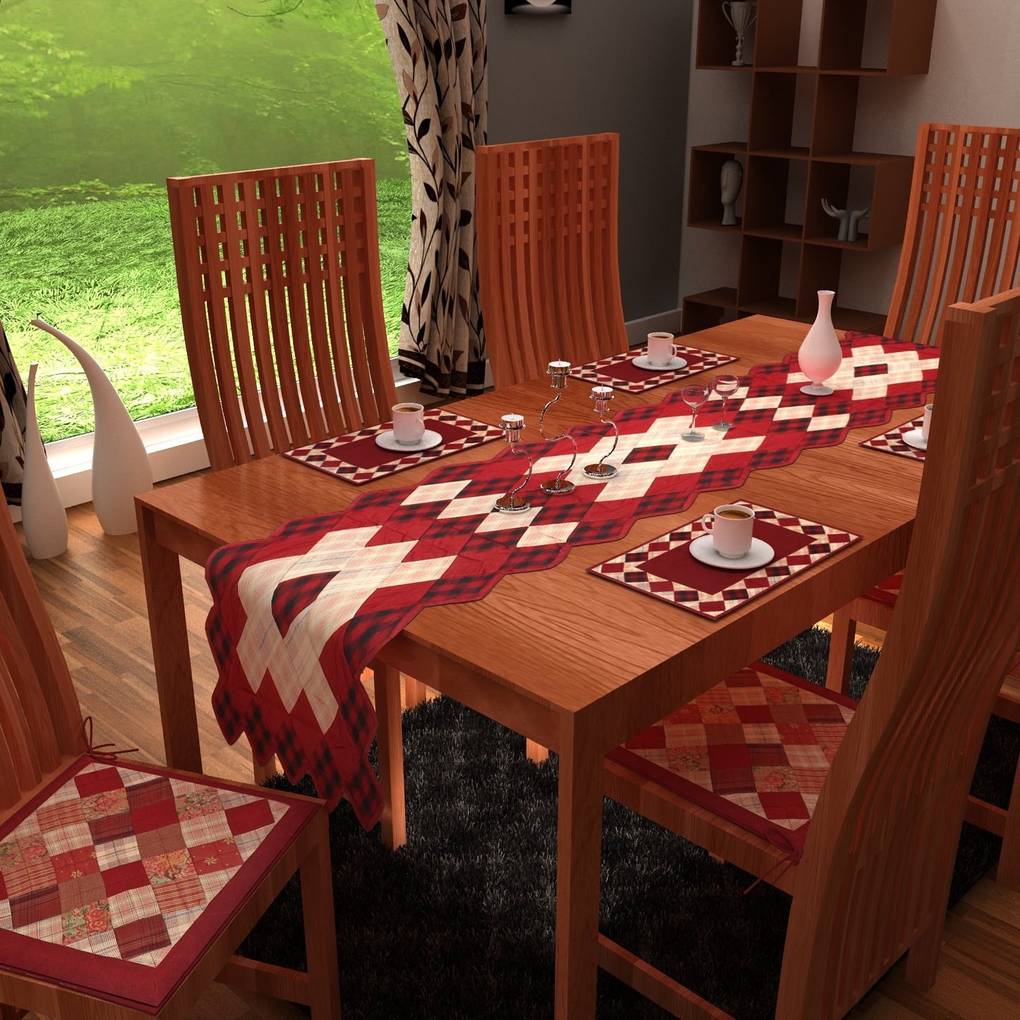 Quilted Table Runner & Toppers Around the world Country plaid 14"x72" patchwork by HOME HEART Brands(Made in India)