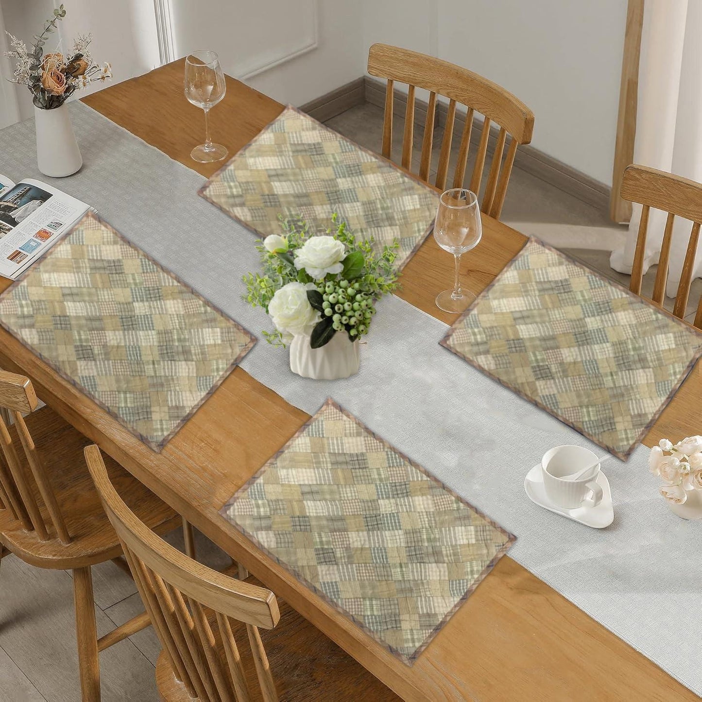 Hand quilted hand made placemats tablemats light square mix country plaid placemat  14"X19" by HOME HEART Brands (Made in India)