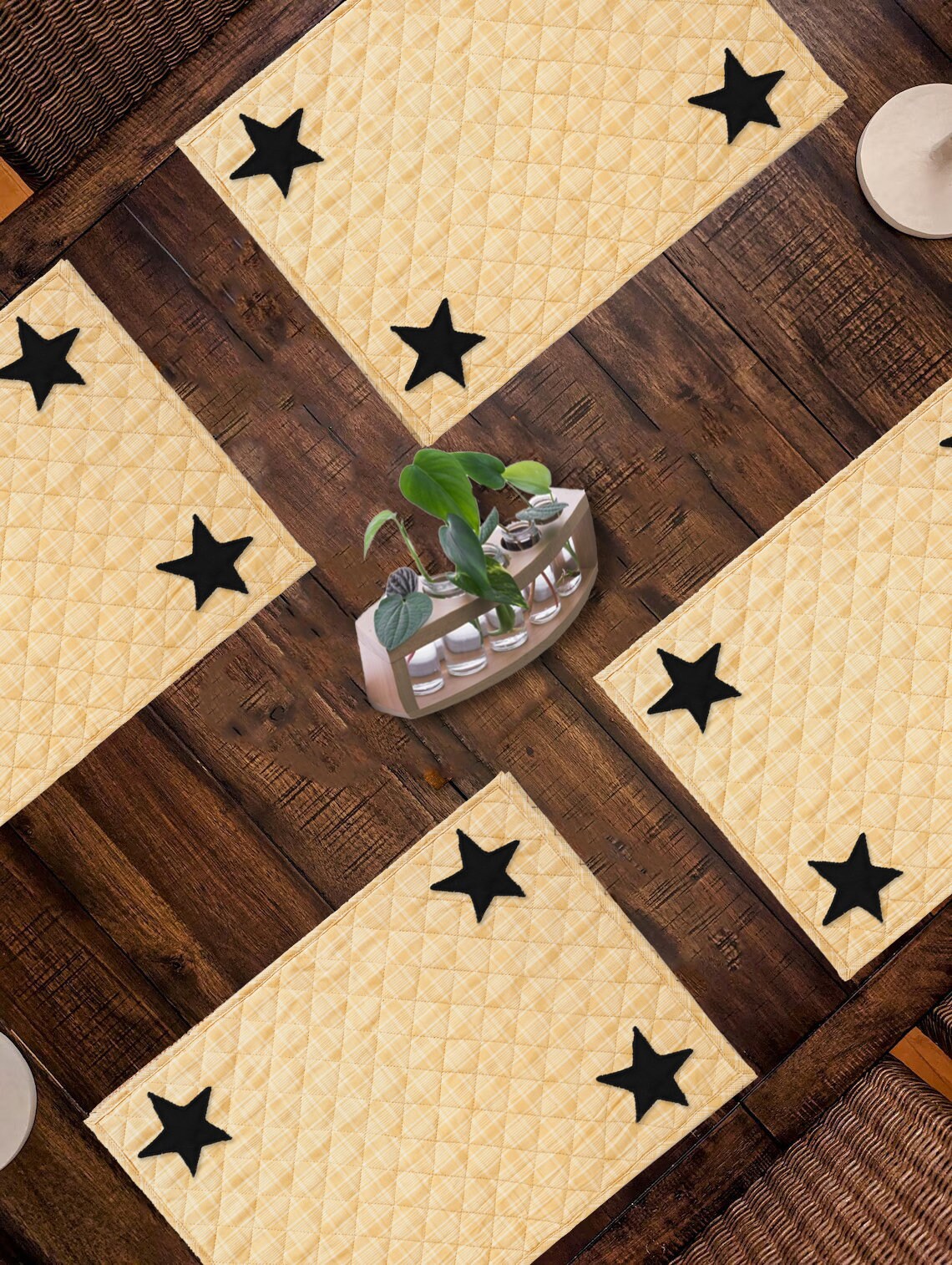Quilted PLACEMAT & Table toppers Table mat black star embroidered gold Country Plaid 14"X19" by HOME HEART Brands(Made in India)