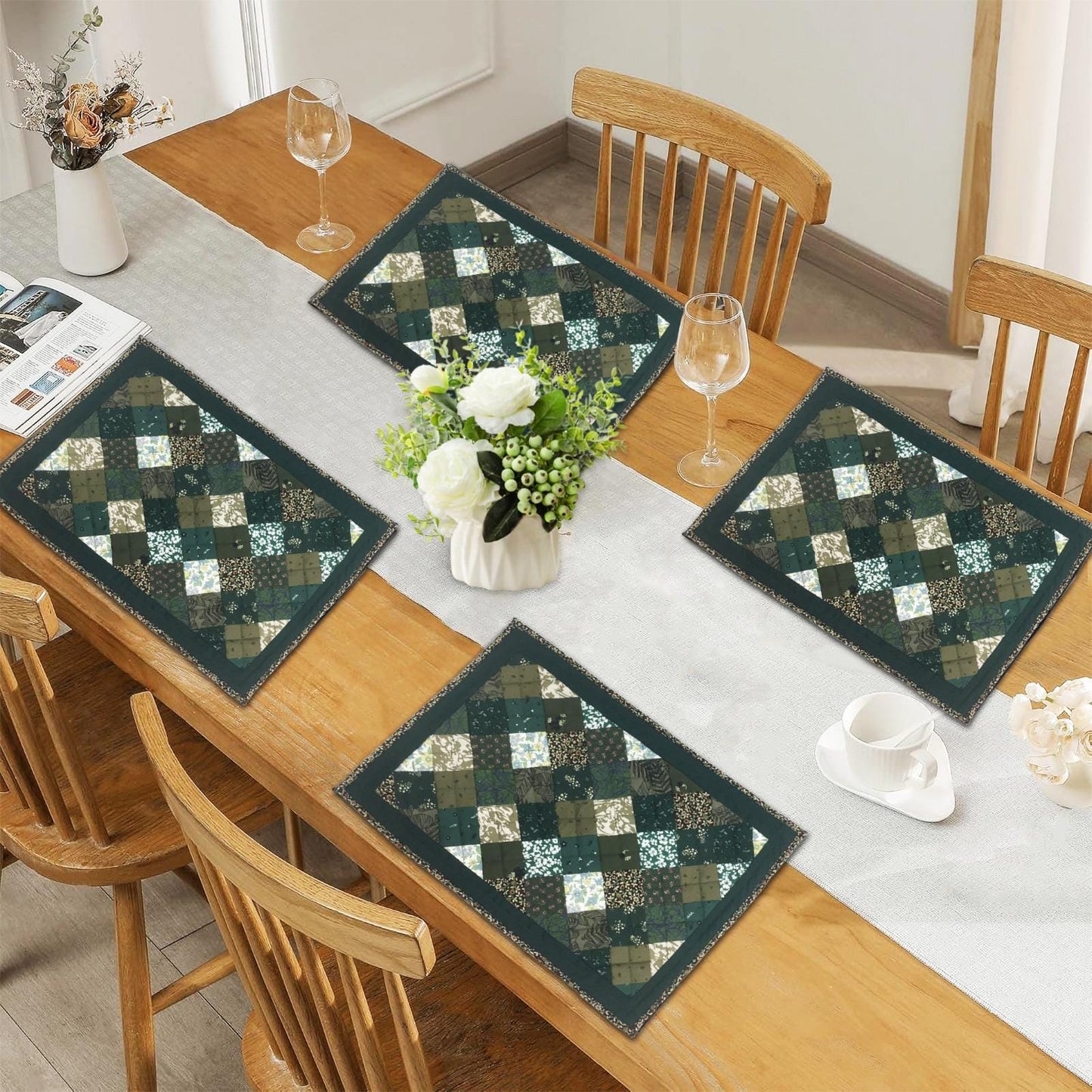 quilted placemats tablemats patchwork Flower Garden, Green white Calico multi floral print  14"X19" by HOME HEART Brands (Made in India)