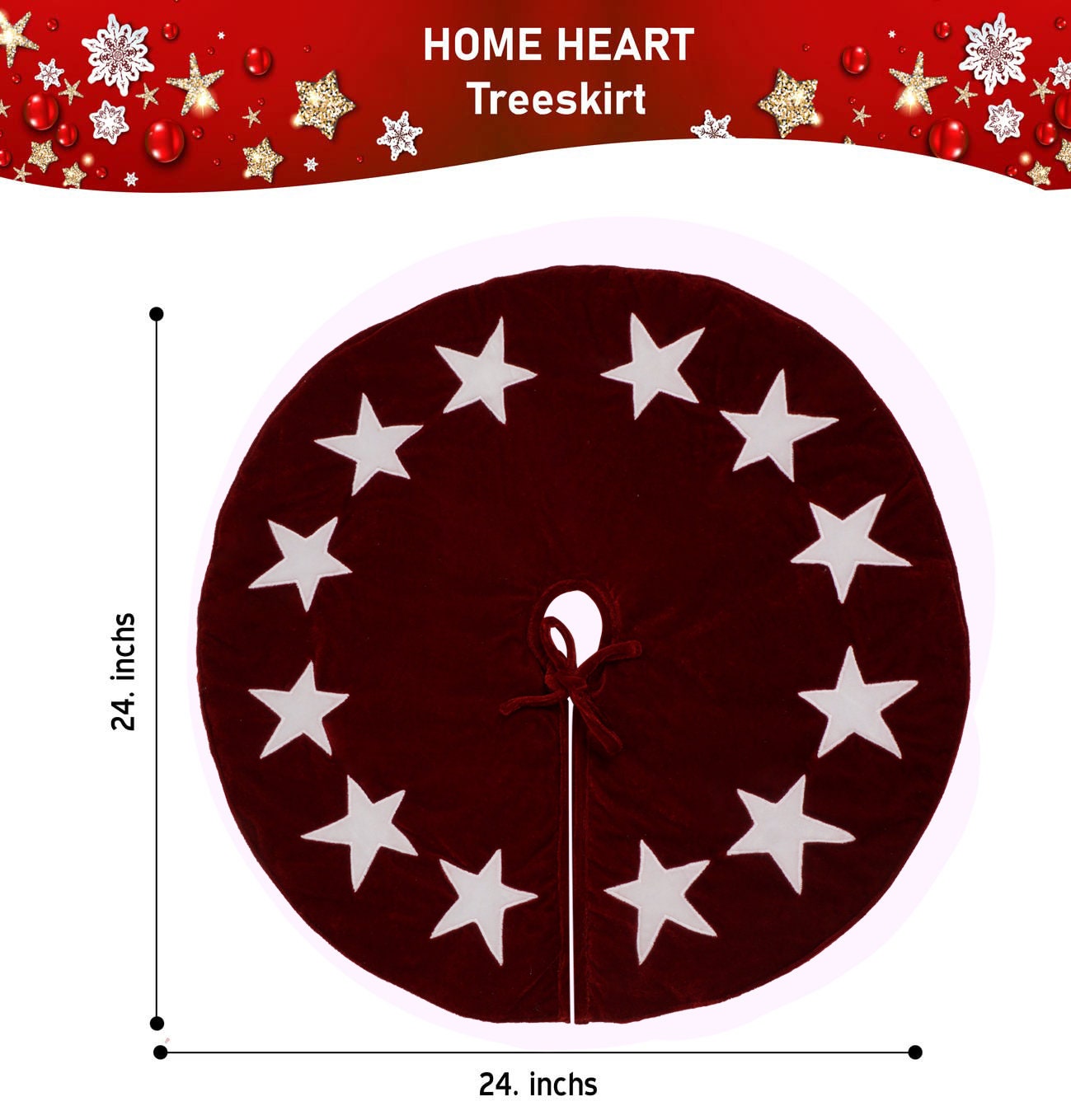 Christmas tree skirt classic micro burgundy Velvet fabric with Star Applique Thick Double Layer by HOME HEART Brands