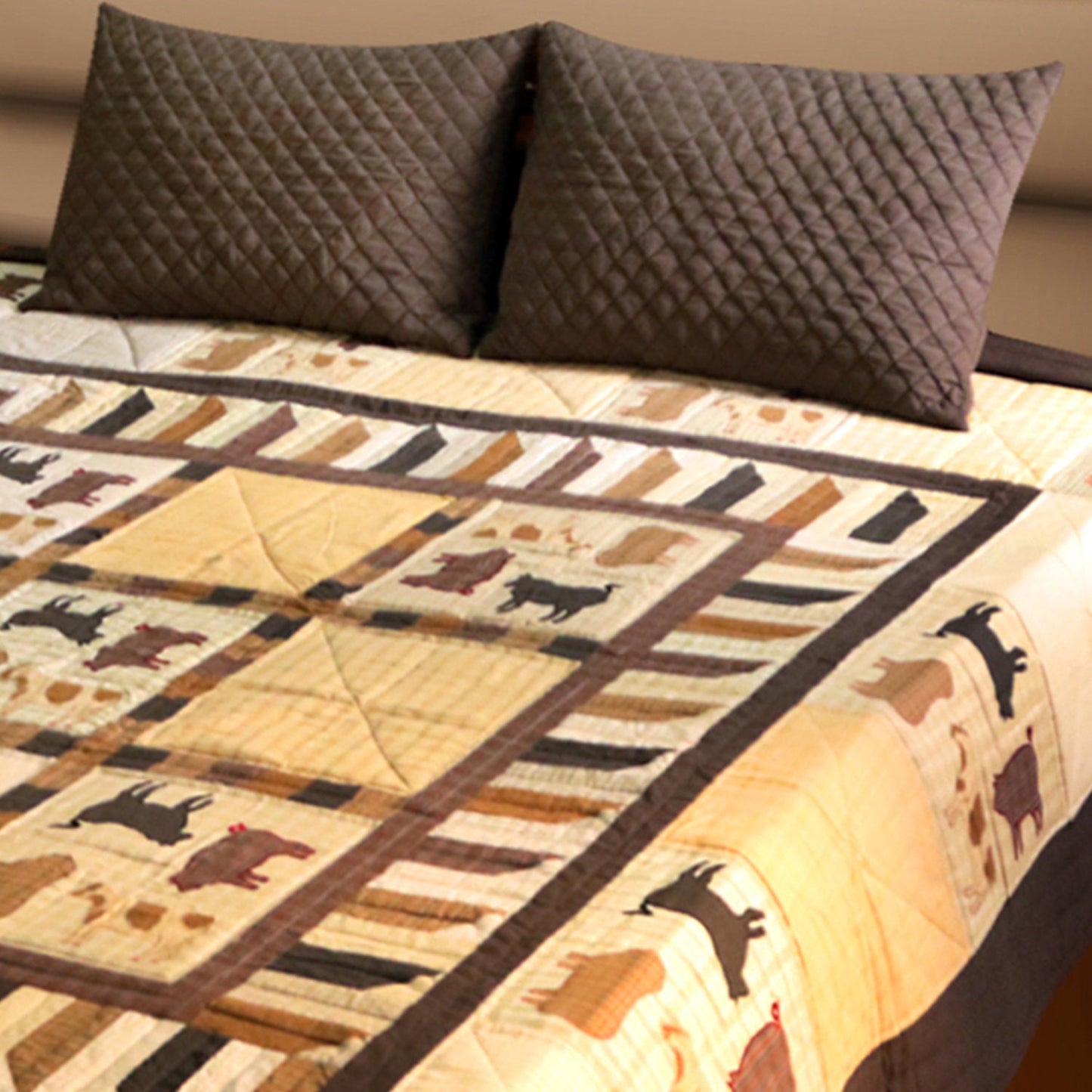 Hand Quilted bedspread quilts primitive farm animal patchwork & embroidered Design Mix Plaid Fabric by HOME HEART Brands (made in INDIA)