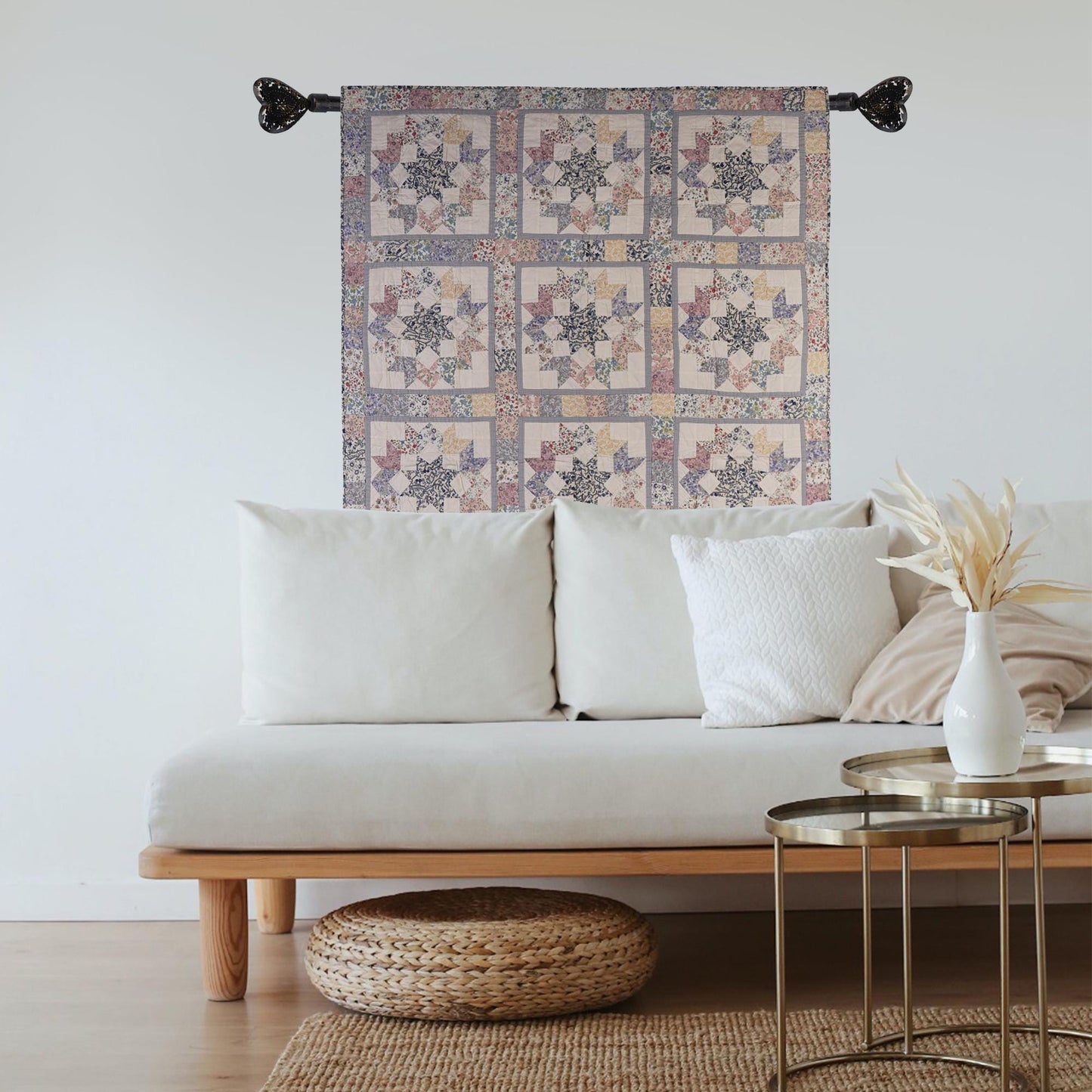 Hand made Calico Floral North Star 44"x44" country Cotton Hand Quilted patchwork Wall hanging & Toppers, baby quilt by HOME HEART Brands