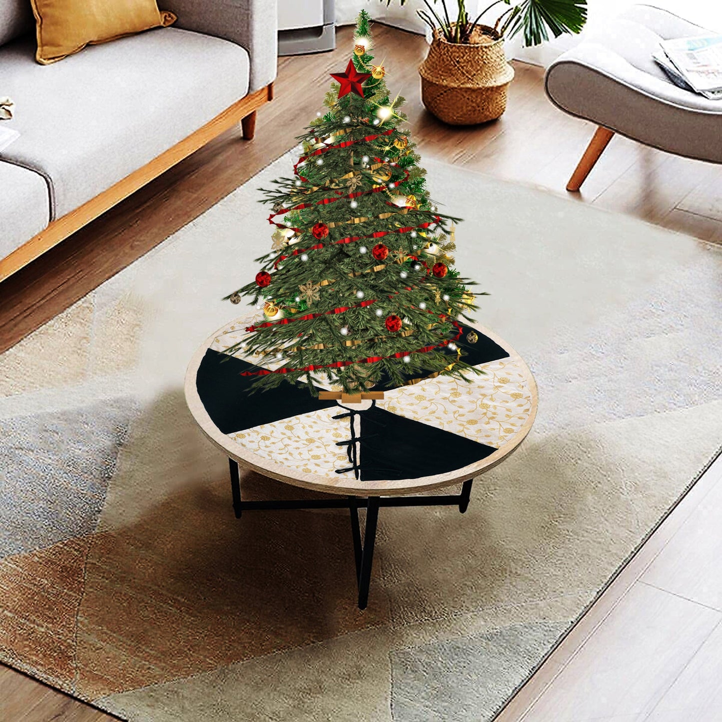 Christmas tree skirt 36" round Micro Velvet green with Gold Embroidered silk fabric Thick Double Layer by HOME HEART Brands