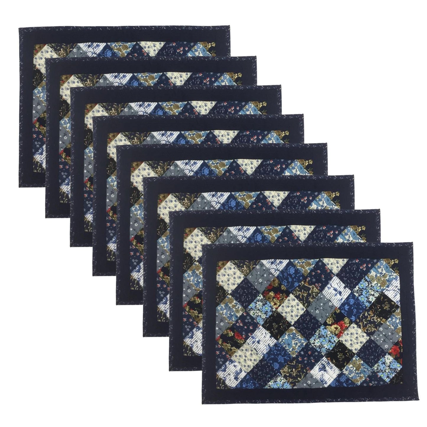 quilted placemats tablemats patchwork Flower Garden, Blue white Calico multi floral print  14"X19" by HOME HEART Brands (Made in India)