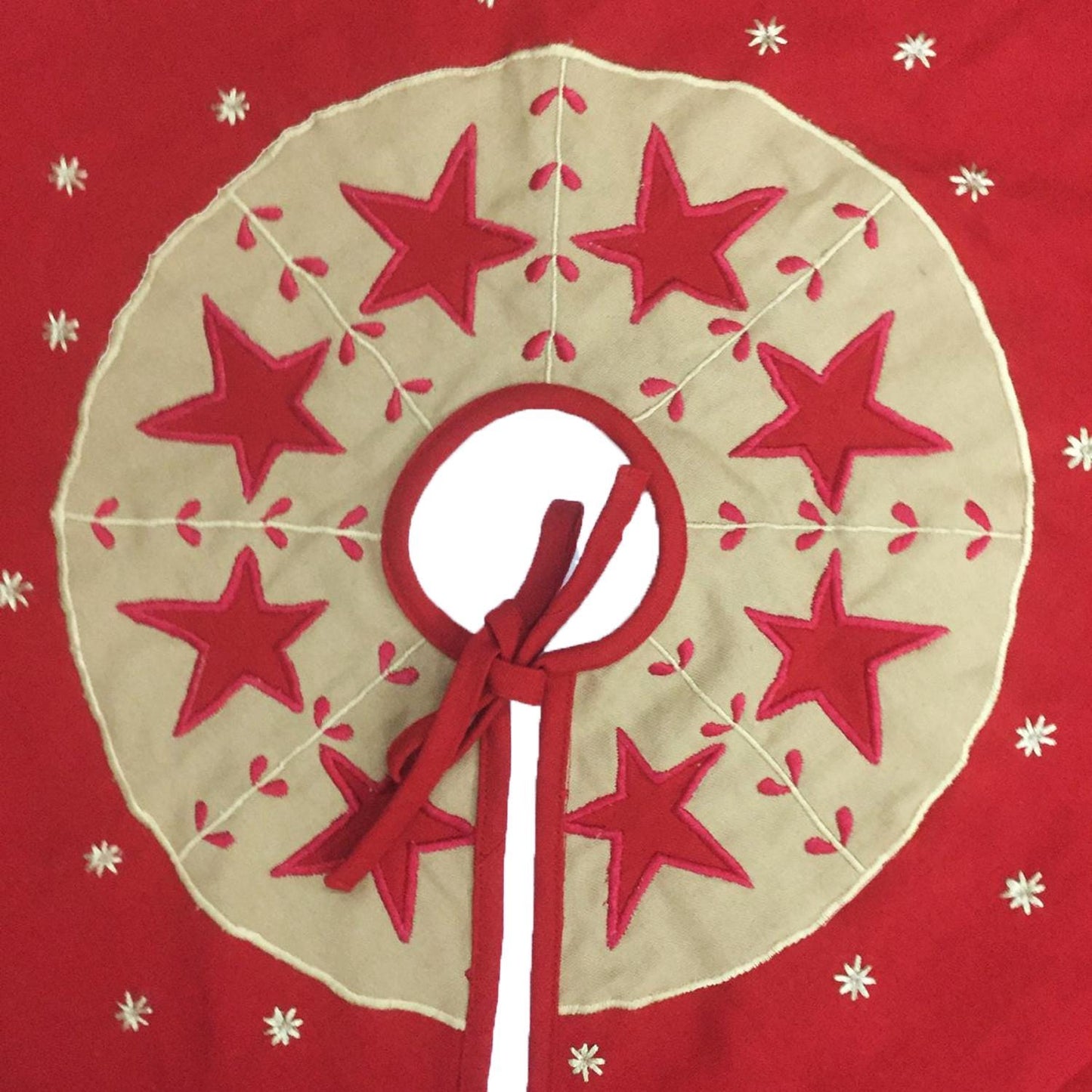 Christmas tree skirt Cotton Sturdy red Duck Fabric & red Star Appliqued Embroidered style by HOME HEART Brands