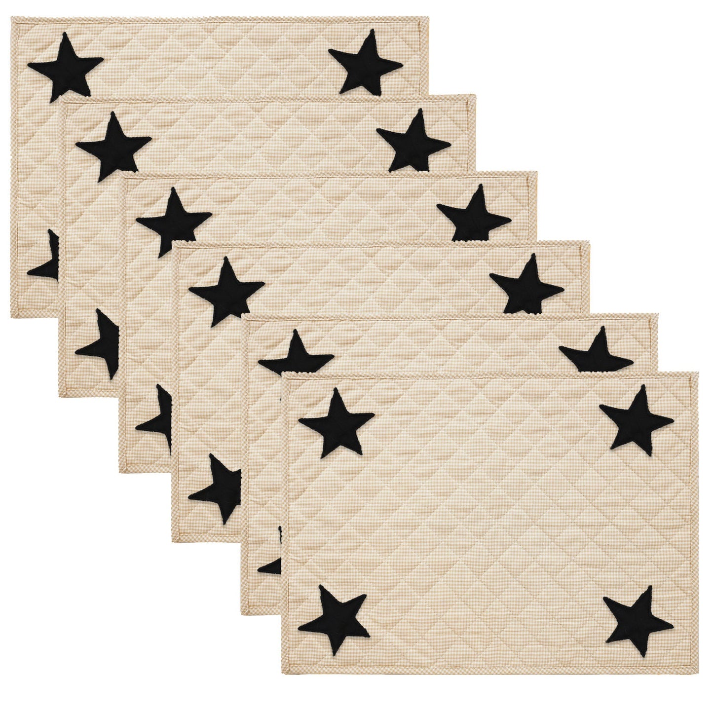 Quilted PLACEMAT & Table toppers Table mat embroidered black star beige gingham Country Plaid 14"X19" by HOME HEART Brands(Made in India)