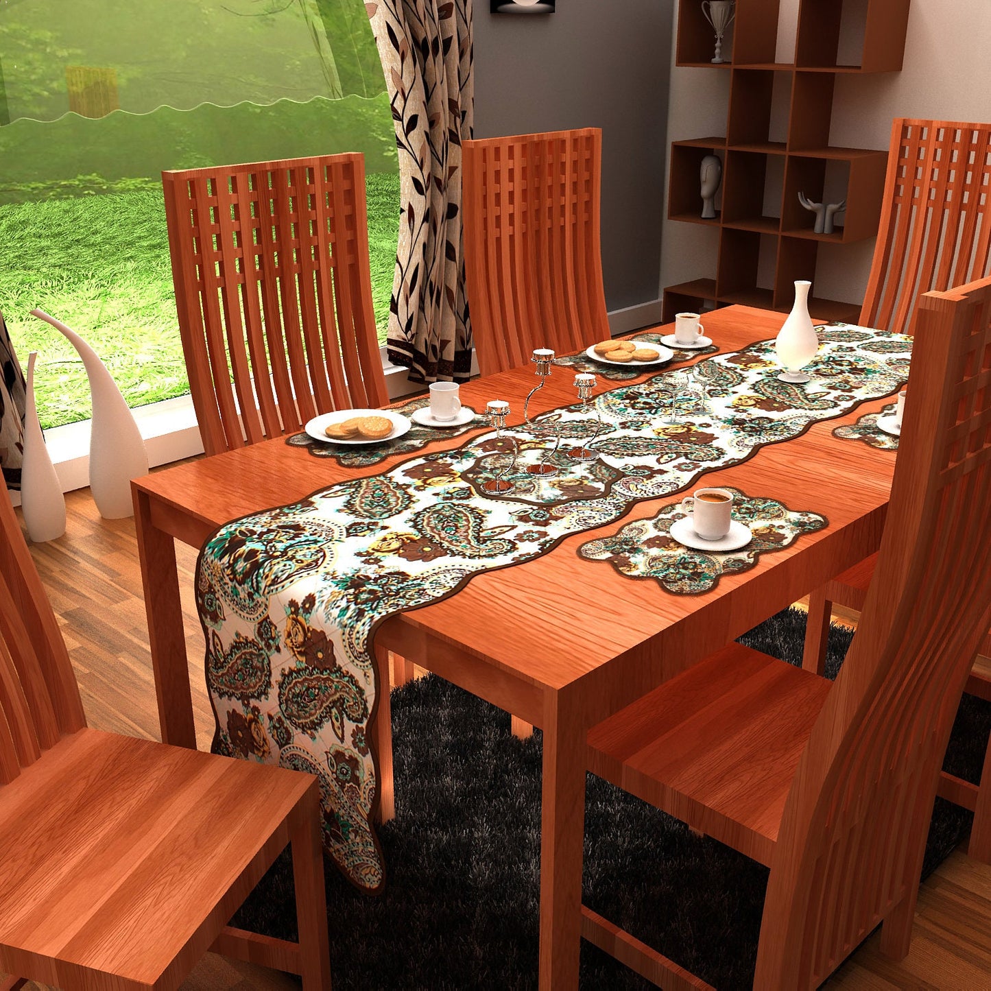 Quilted Table Runner & Toppers green gold paisley by HOME HEART Brands (made in INDIA)