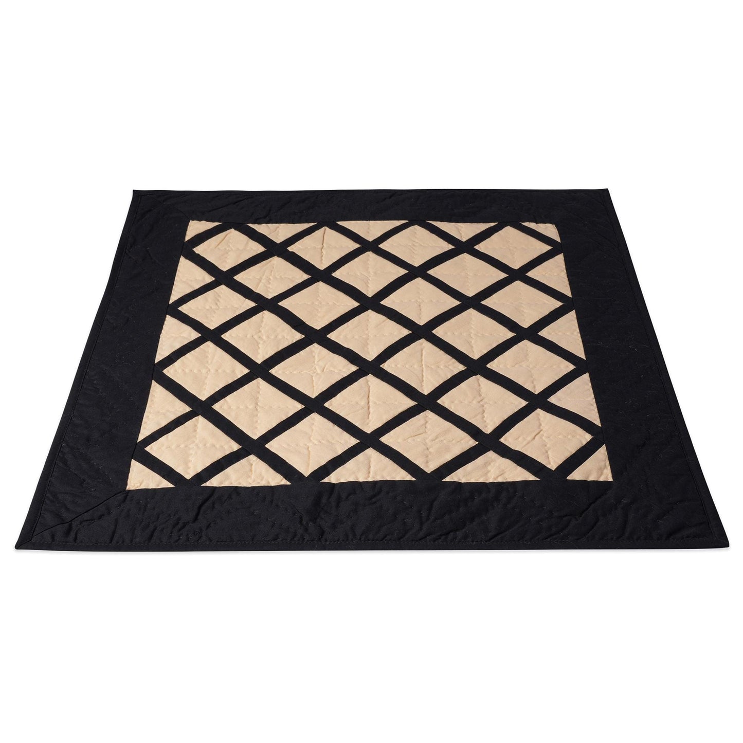 Hand made Hand quilted Throw Quilt, Table Topper Fishing net beige & black patchwork quilt by Home Heart brands (Made in India)