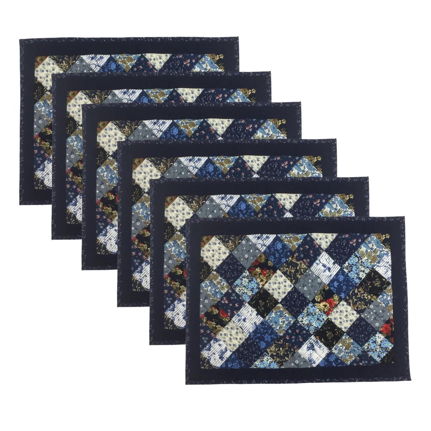 quilted placemats tablemats patchwork Flower Garden, Blue white Calico multi floral print  14"X19" by HOME HEART Brands (Made in India)