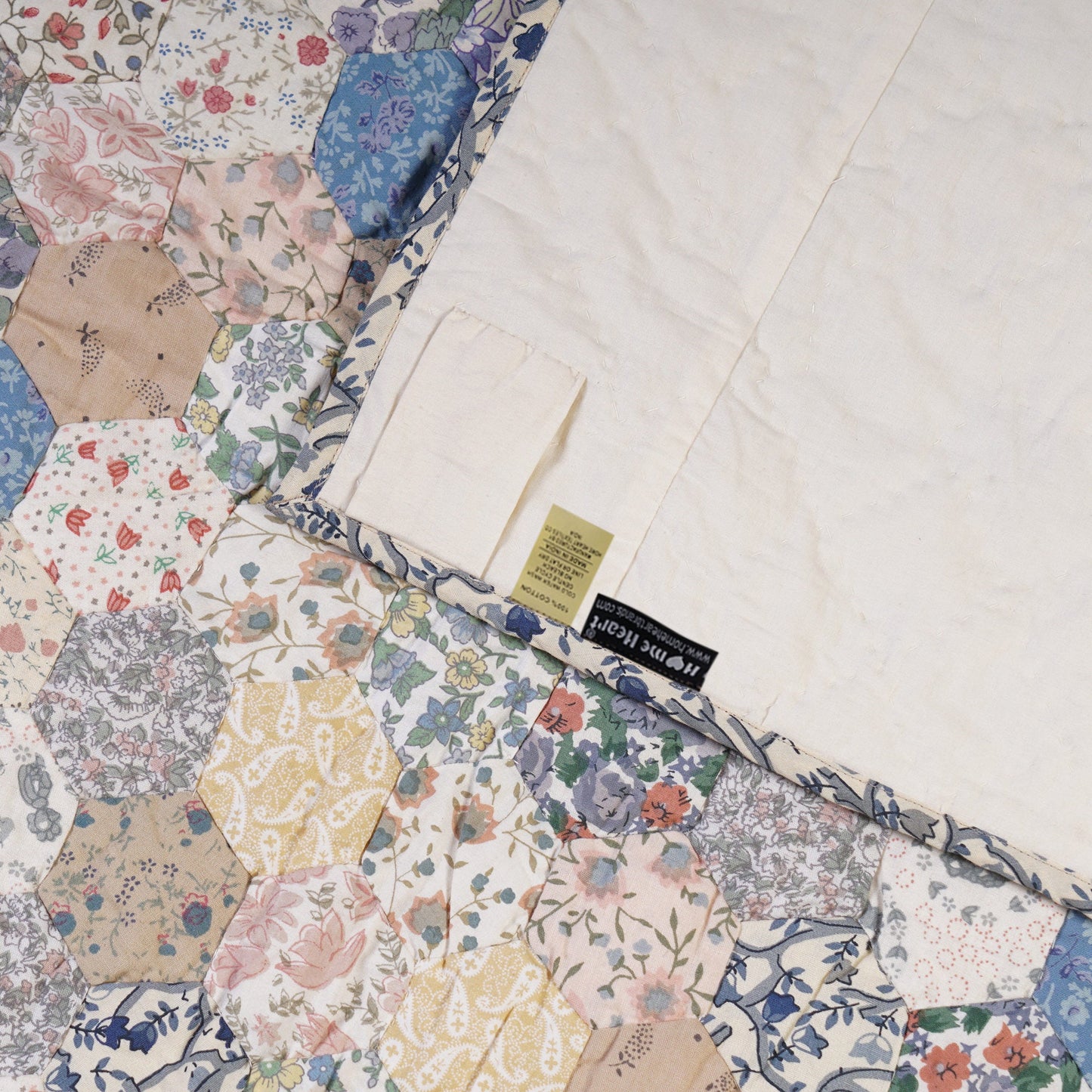 Hand made Throw, wall hanging ,Table Top Grandmother's flower Garden calico flower hand quilt, Hexagon by Home Heart brands (Made in India)
