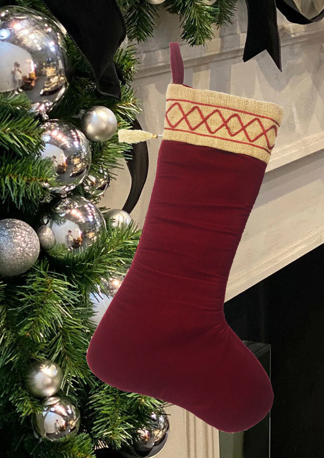 Christmas stocking red velvet & brown lurex jute Christmas decorations Handmade heirloom  by HOME HEART Brands(Made in India)