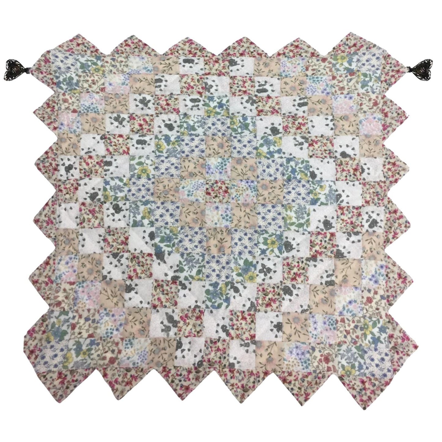 Hand made Hand quilted Block Quilt, Table Topper, Throw quilt calico floral cotton square zig zag quilt by Home Heart brands (Made in India)