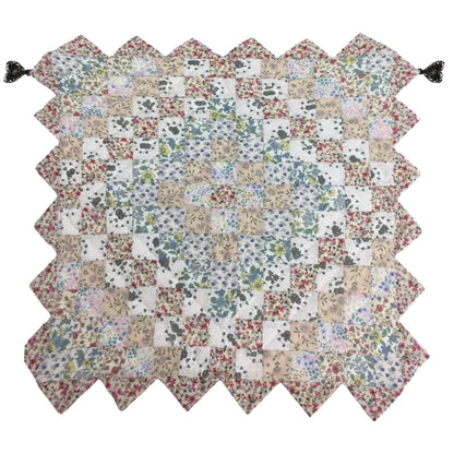 Hand made Hand quilted Block Quilt, Table Topper, Throw quilt calico floral cotton square zig zag quilt by Home Heart brands (Made in India)