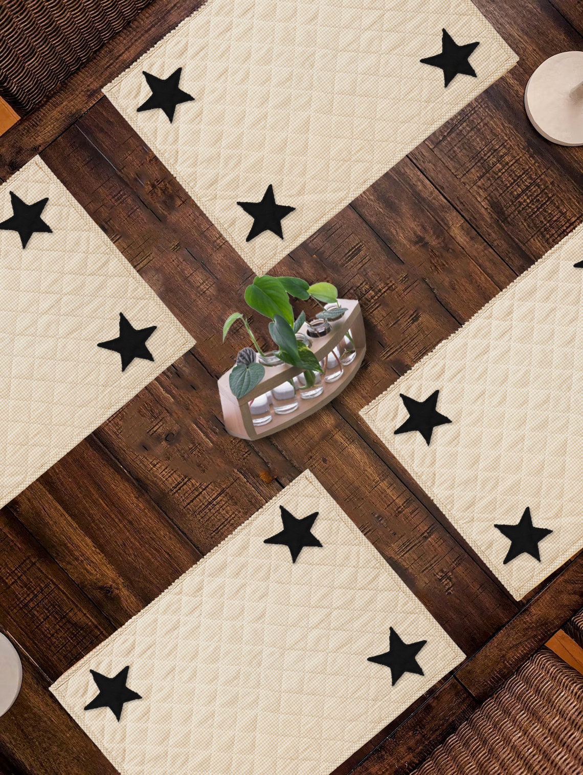 Quilted PLACEMAT & Table toppers Table mat embroidered black star beige gingham Country Plaid 14"X19" by HOME HEART Brands(Made in India)