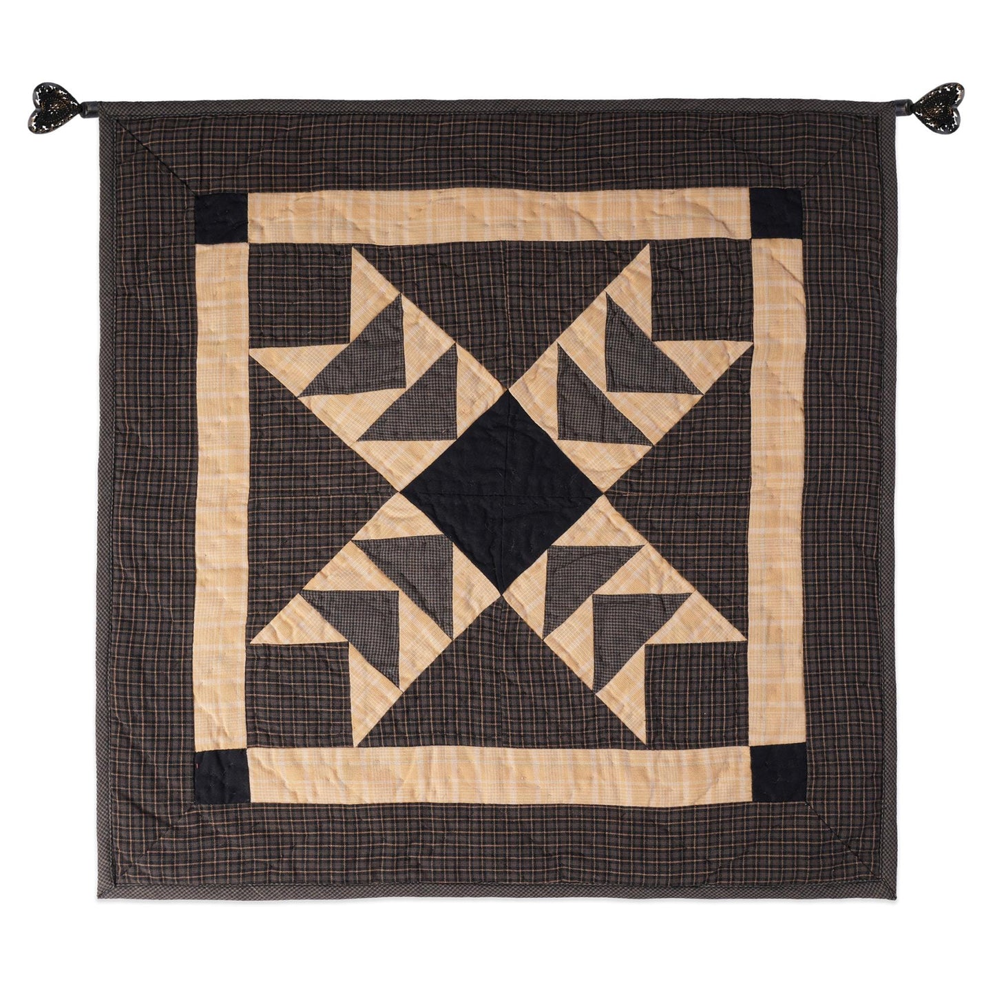 Hand made Hand quilted Wall hanging Quilt,Table Topper 19"x19" Primitive flying geese Black beige plaid by Home Heart brands (Made in India)