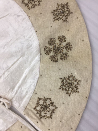 Christmas tree skirt hand embroidered Snow flakes classic ivory micro Velvet and lurex jute border Thick Double Layer by HOME HEART Brands