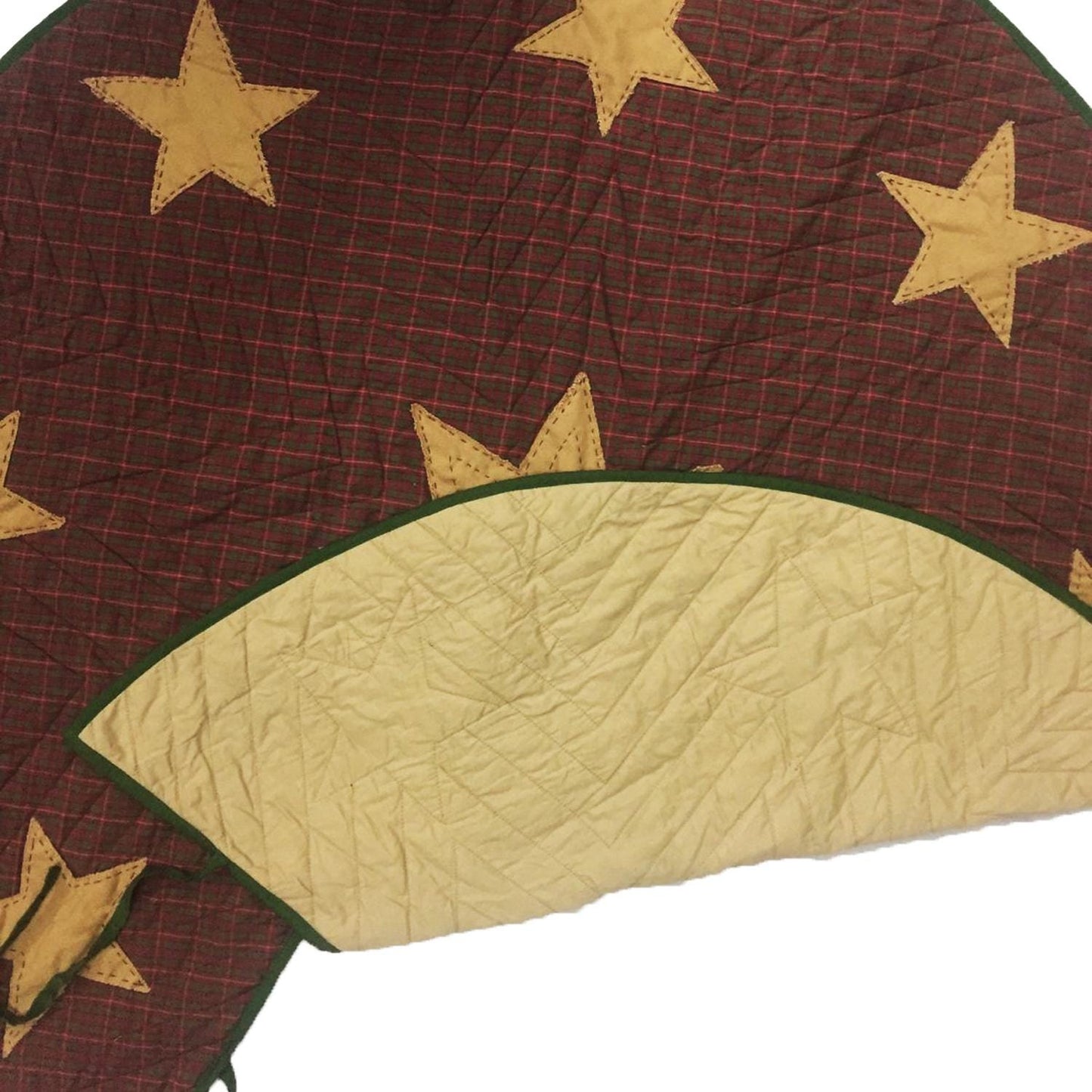 Christmas tree skirt hand quilted applique beige star Country Christmas red green plaid  thick Double Layer quilt by HOME HEART Brands