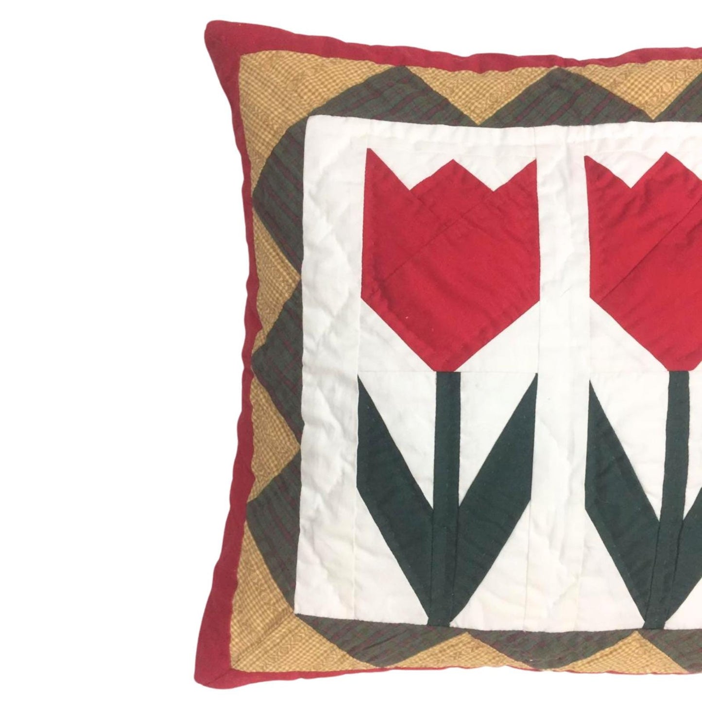 Hand mad hand Quilted TULIP patchwork pillow cover, cushion cover, throw pillow Calico red offwhite by HOME HEART Brands(made in India)