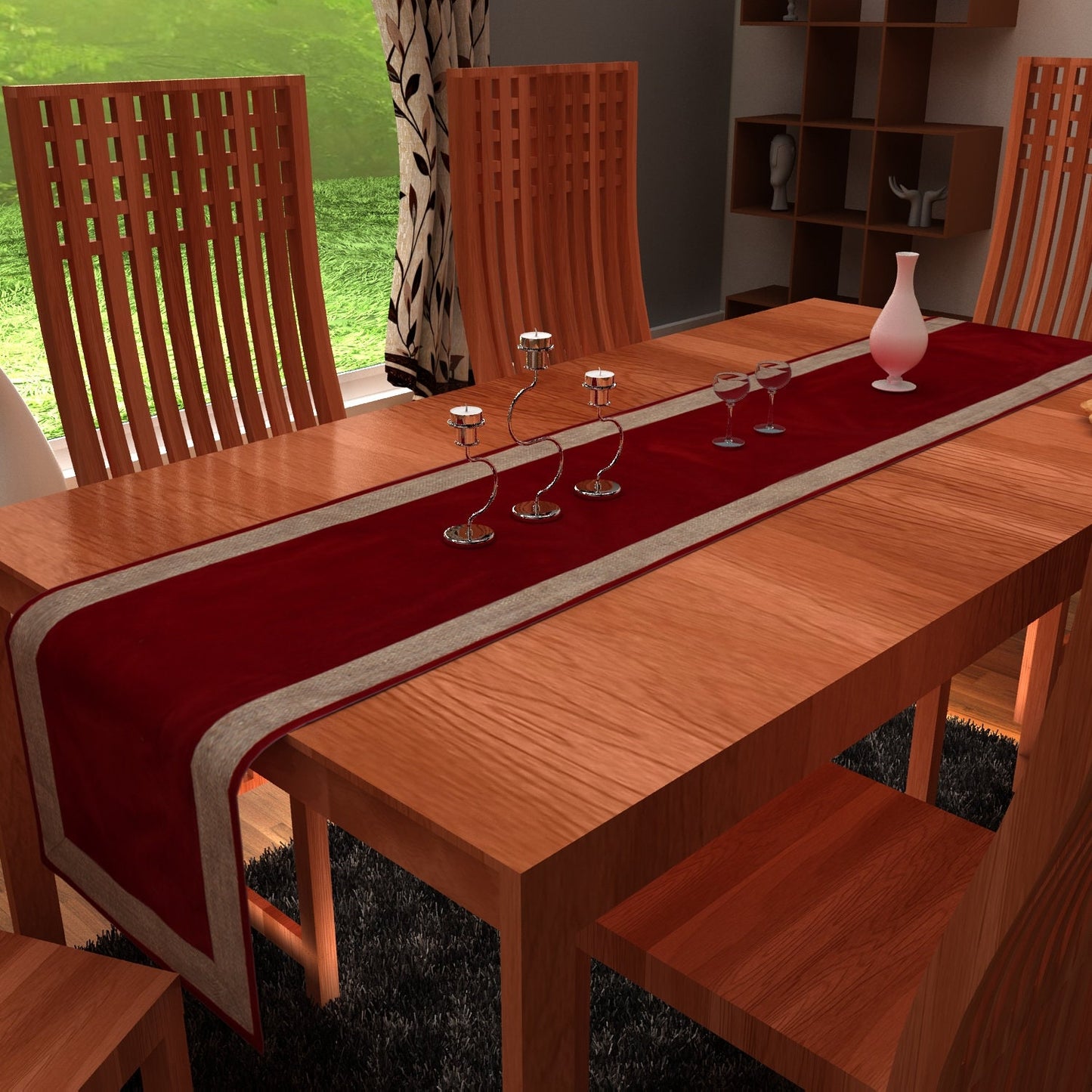 Velvet Table Runner & Toppers Premium cardinal red with ivory lurex jute border double layer by Home Heart Brands(made in INDIA)