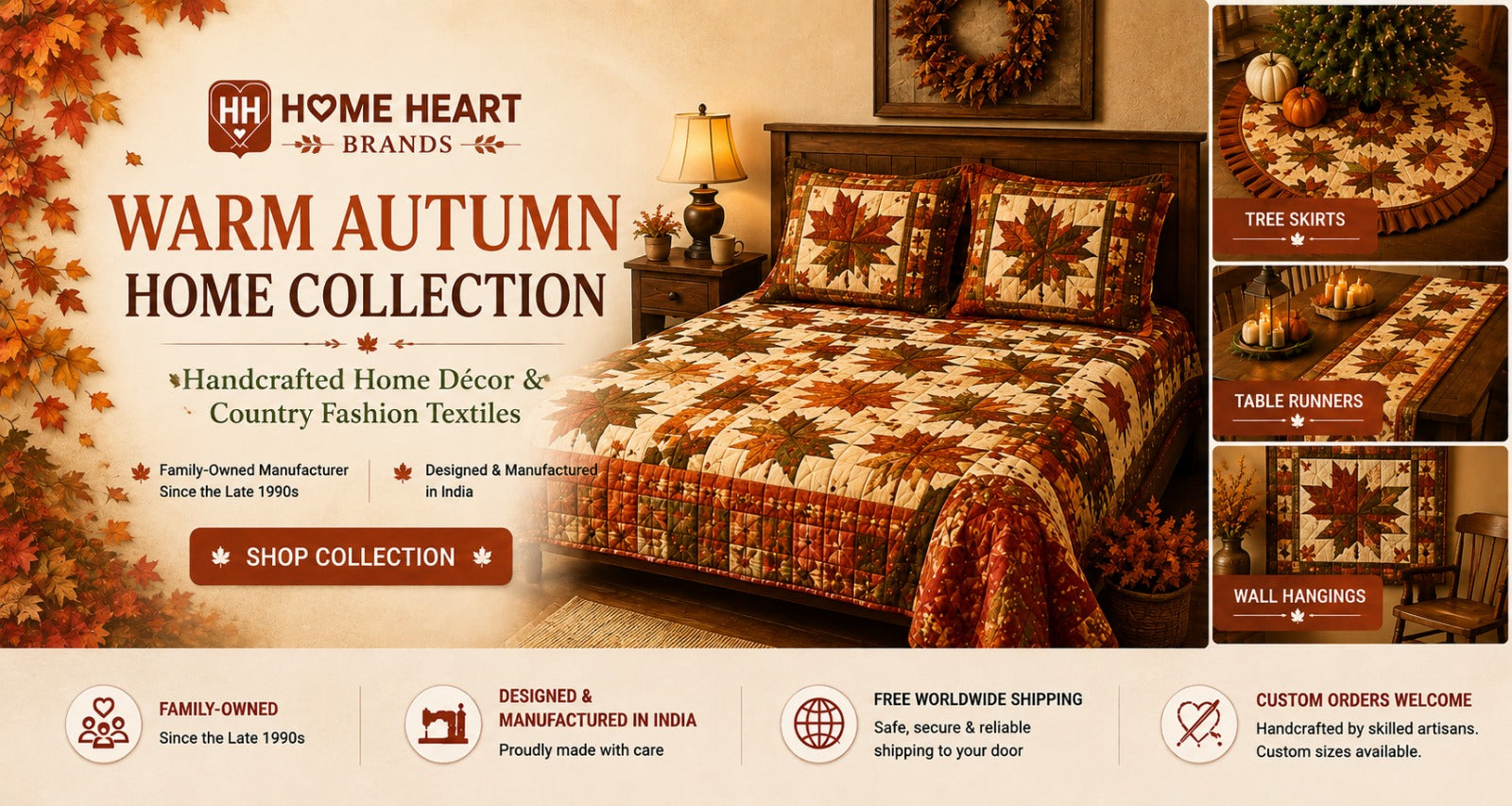 A promotional banner for the Home Heart Brands Warm Autumn Home Collection, showcasing a quilted bed with autumn-themed patterns, surrounded by product details on the right and marketing text and icons on the left and bottom.